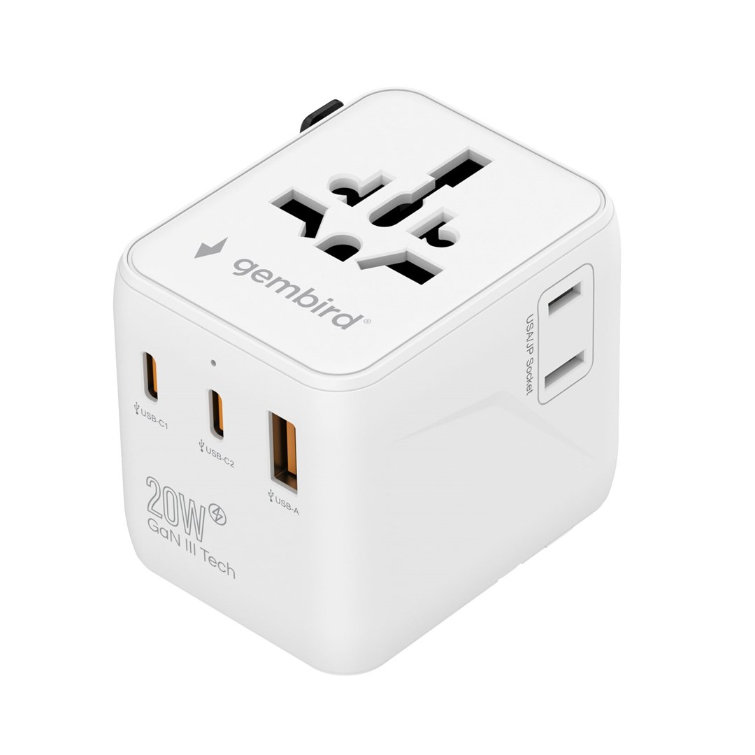 Witte Gembird universele reisadapter met USB-C1, USB-C2, USB-A poorten en universele stekkerdoos.