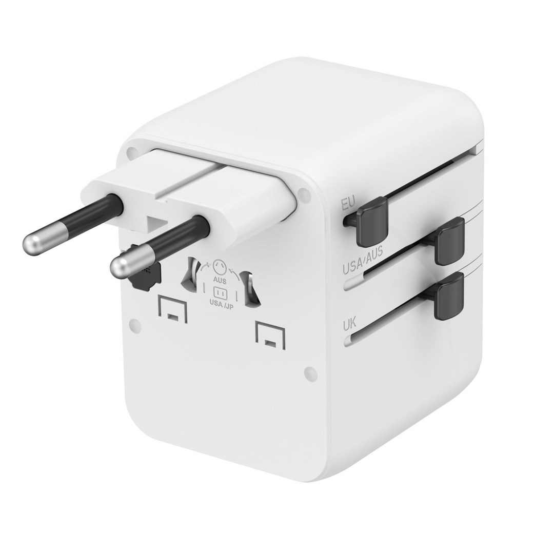 Een witte universele adapter met intrekbare pinnen voor EU, USA/AUS en VK.