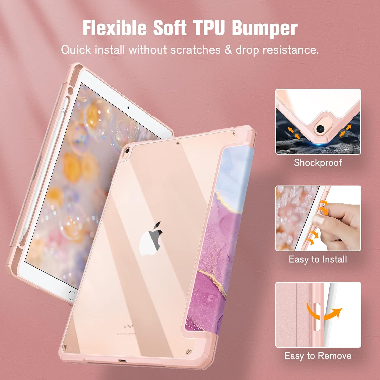 Ein roségoldenes iPad mit Hülle, das Stoßfestigkeit, einfache Installation und Entfernung zeigt.