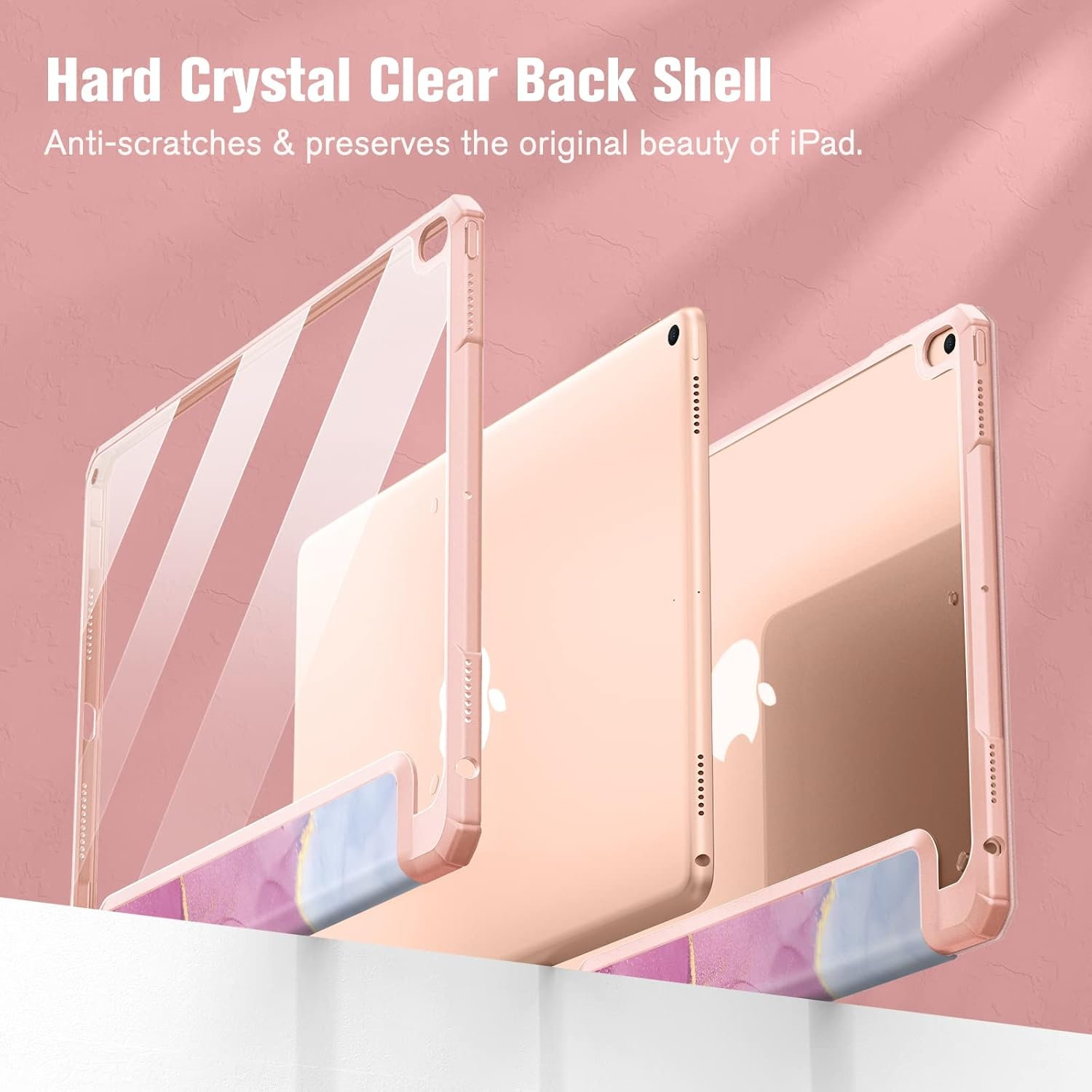 Klare iPad-Hülle mit rosa Marmorakzenten, die Kratzschutz zeigt.