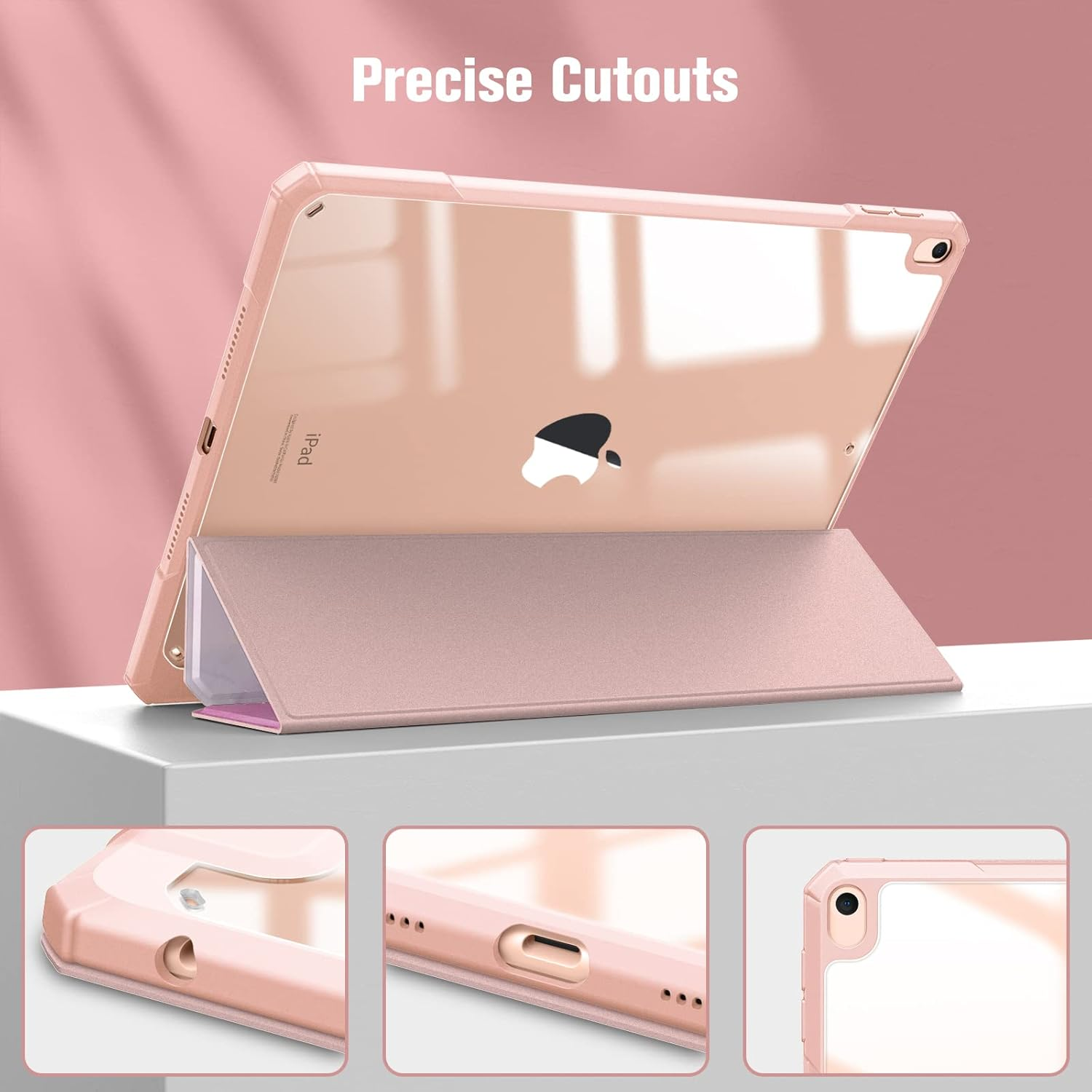 Roségoldenes iPad mit klarer Hülle, zeigt präzise Aussparungen für Knöpfe und Anschlüsse.