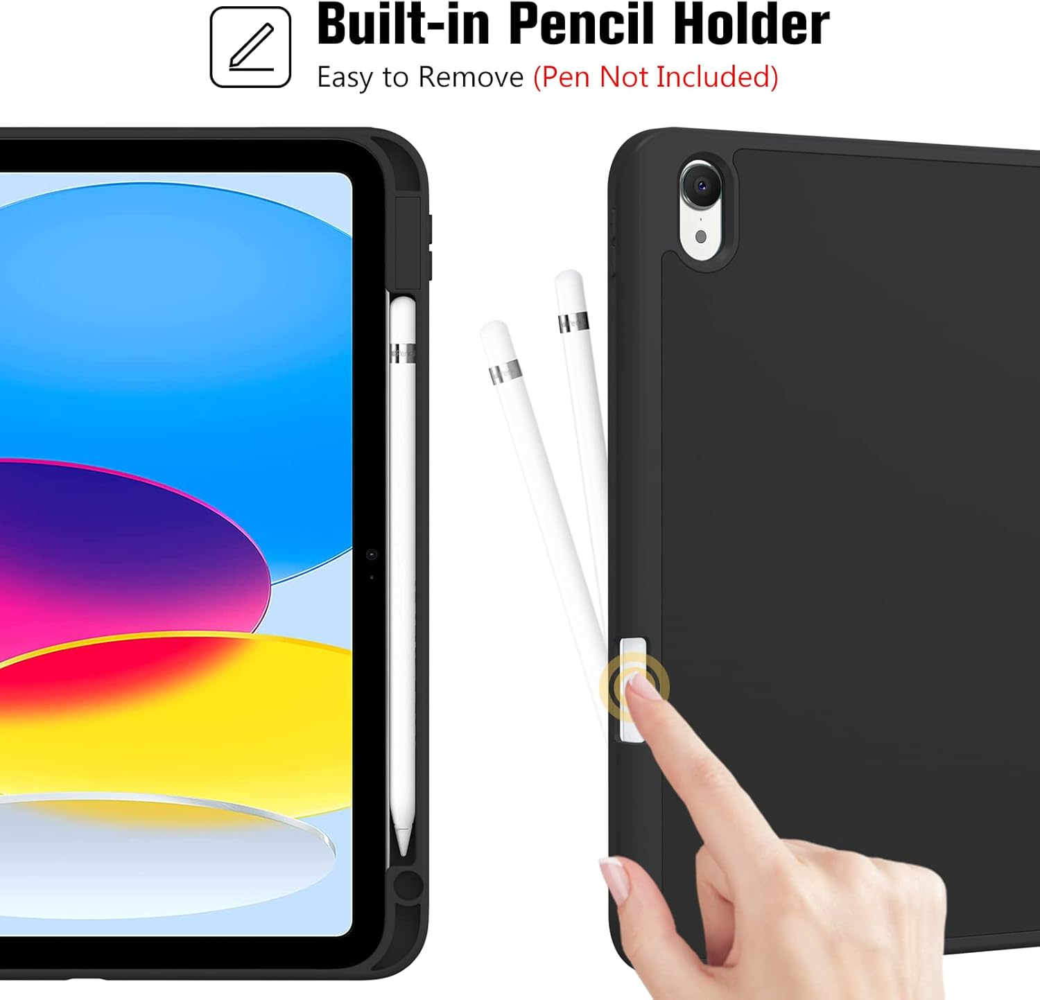 Ein iPad mit Stifthalter wird gezeigt. Ein Finger drückt auf den Halter.