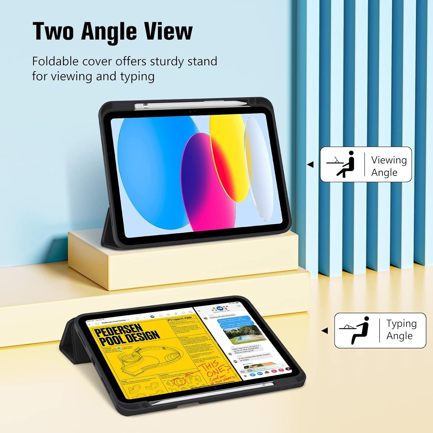 Zwei Ansichten: Tablet im Ständer für Betrachtung und Eingabe. Illustrationen.