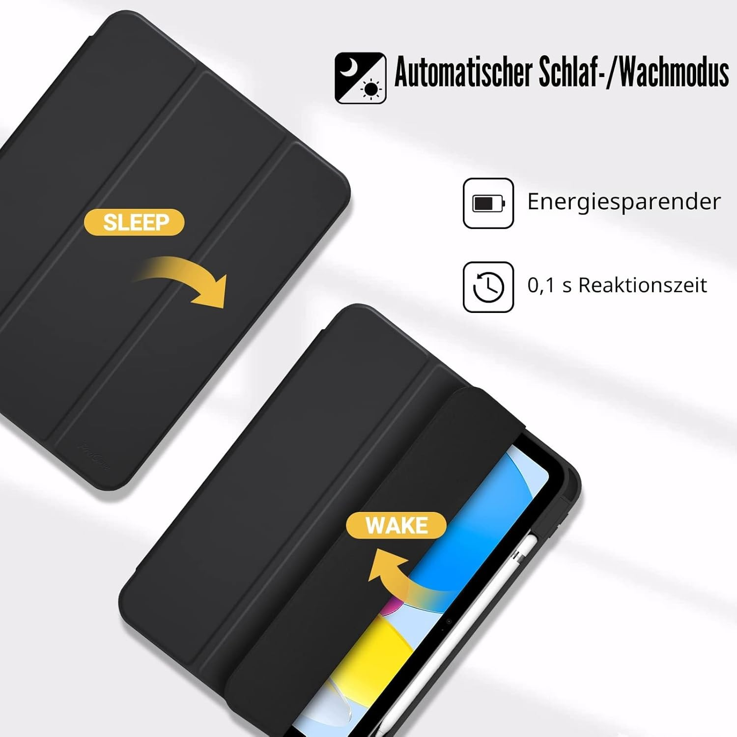 Schwarze Tablet-Hülle zeigt Schlaf- und Wachfunktion, Energiesparen, 0,1s Reaktionszeit.