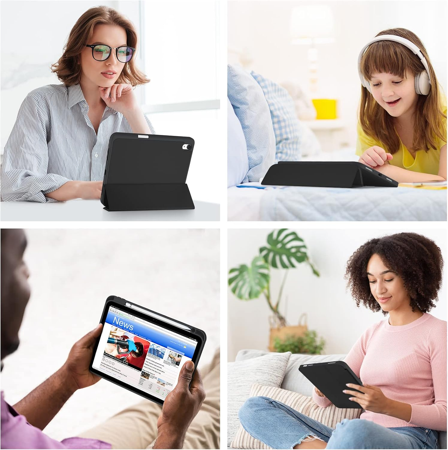 Vier Szenen zeigen Personen, die Tablets benutzen: eine Frau am Schreibtisch, ein Kind mit Kopfhörern, ein Mann liest Nachrichten, eine Frau auf dem Sofa.