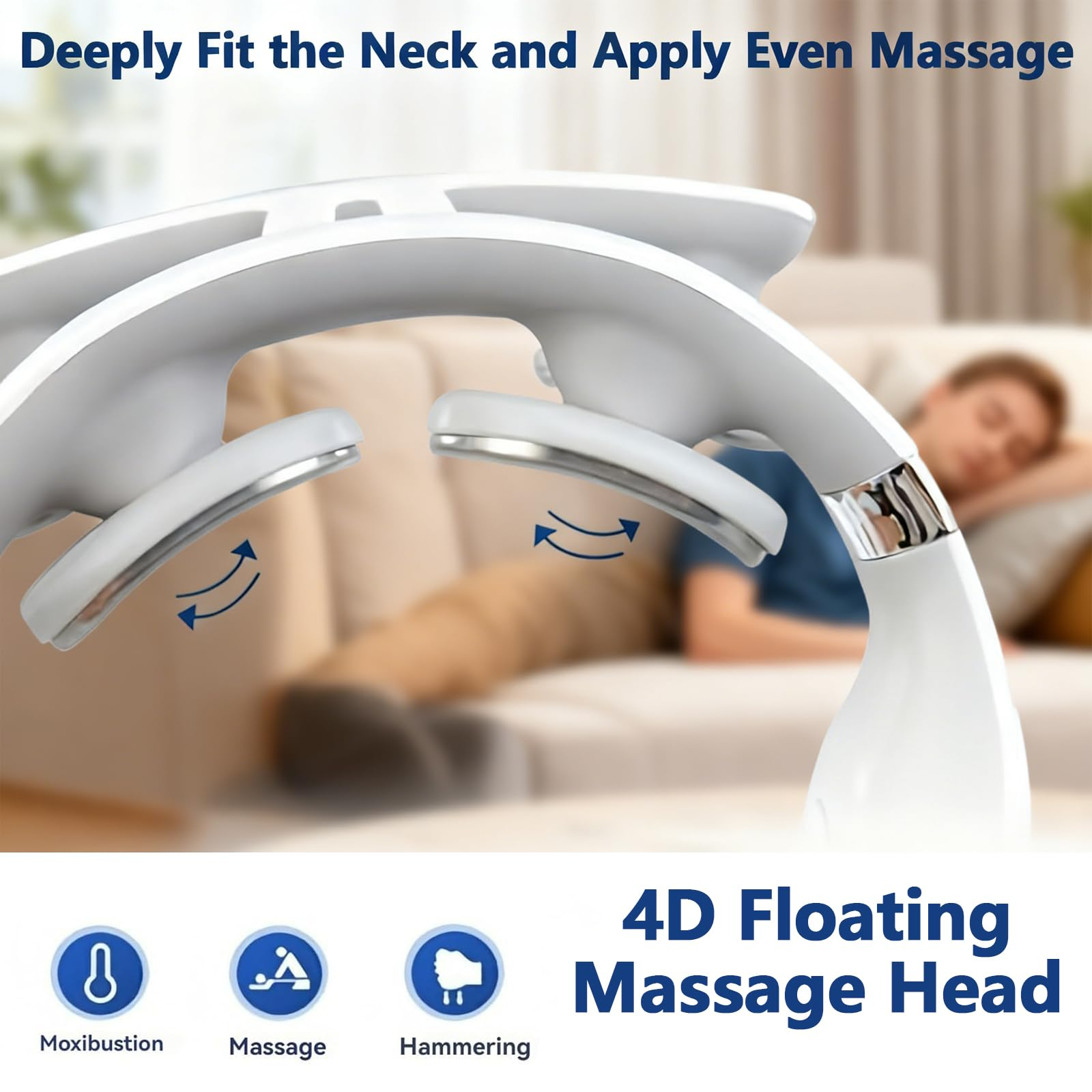 Ein weißes Nackenmassagegerät mit schwebenden Massageköpfen über einer schlafenden Person.
