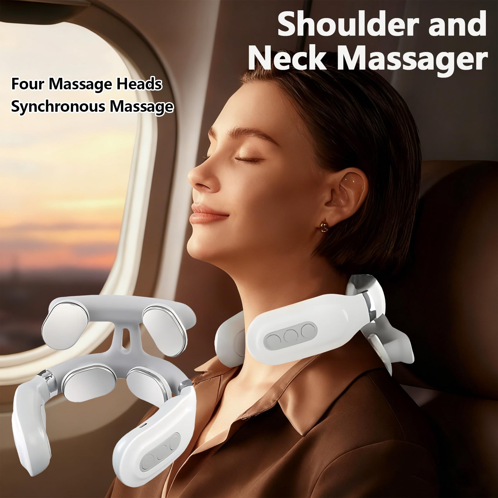 Frau im Flugzeug mit Nackenmassagegerät, vier Massageköpfe, synchronisierte Massage.