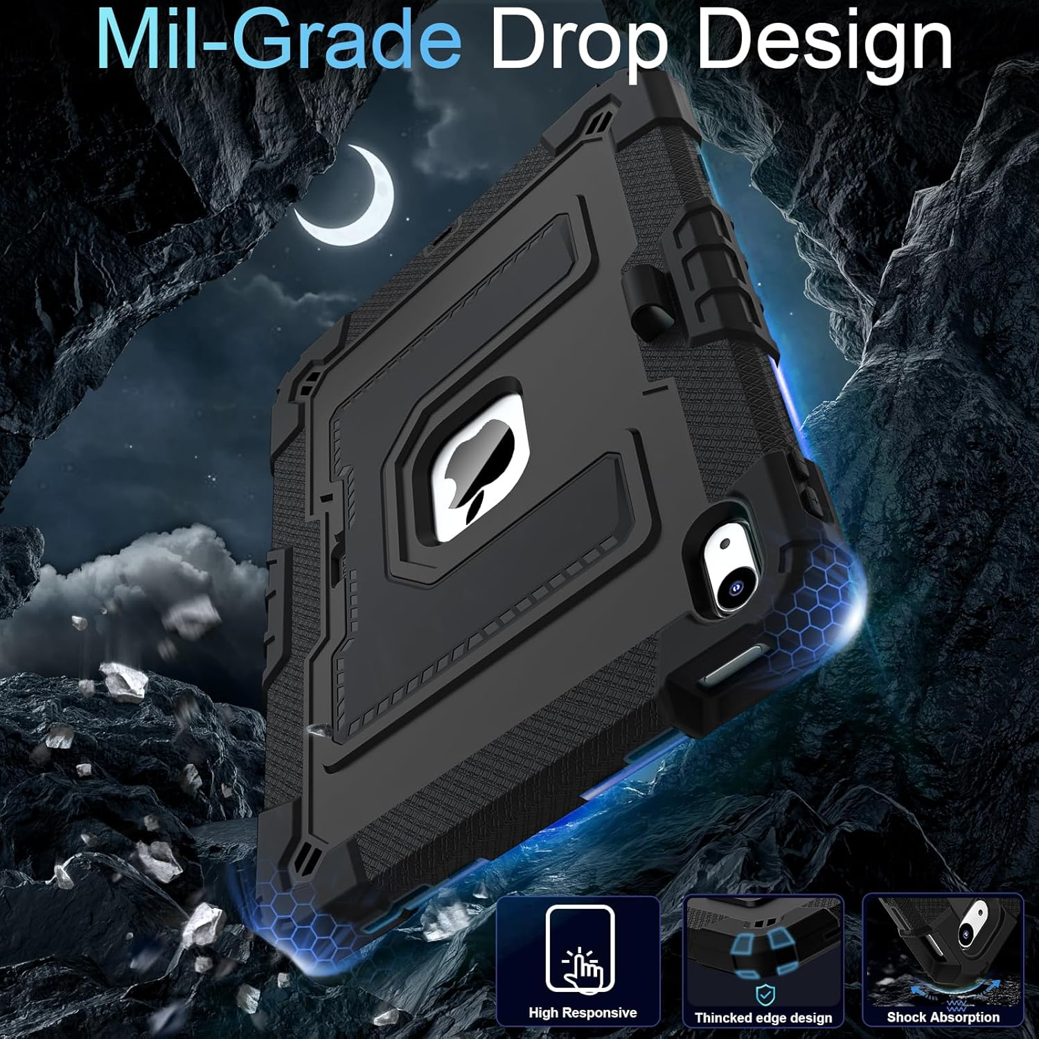 Schwarze Tablet-Hülle mit "Mil-Grade Drop Design"-Text, Mond im Nachthimmel.
