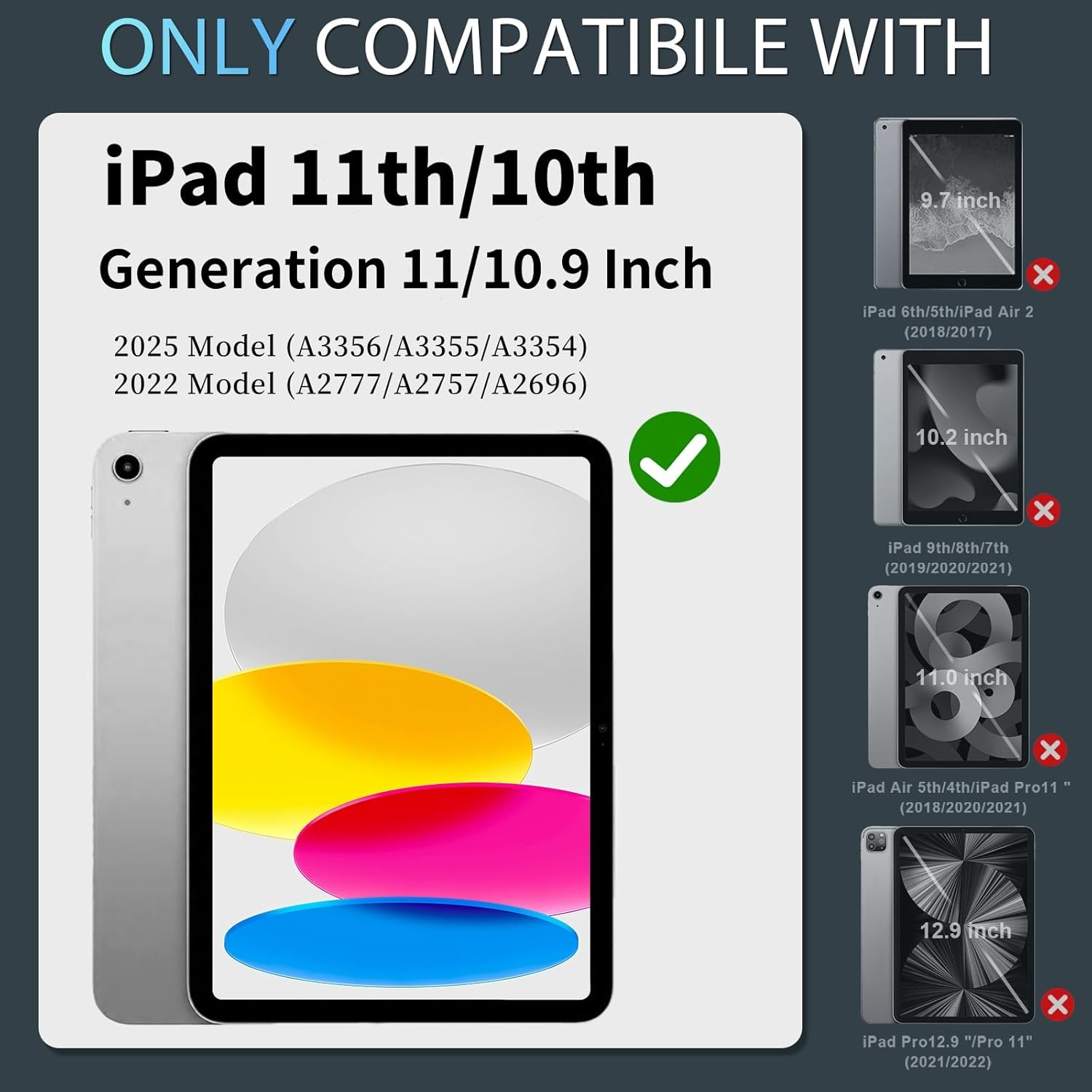 Graues iPad mit bunten Kreisen auf dem Bildschirm. Nicht kompatible iPads sind mit X markiert.