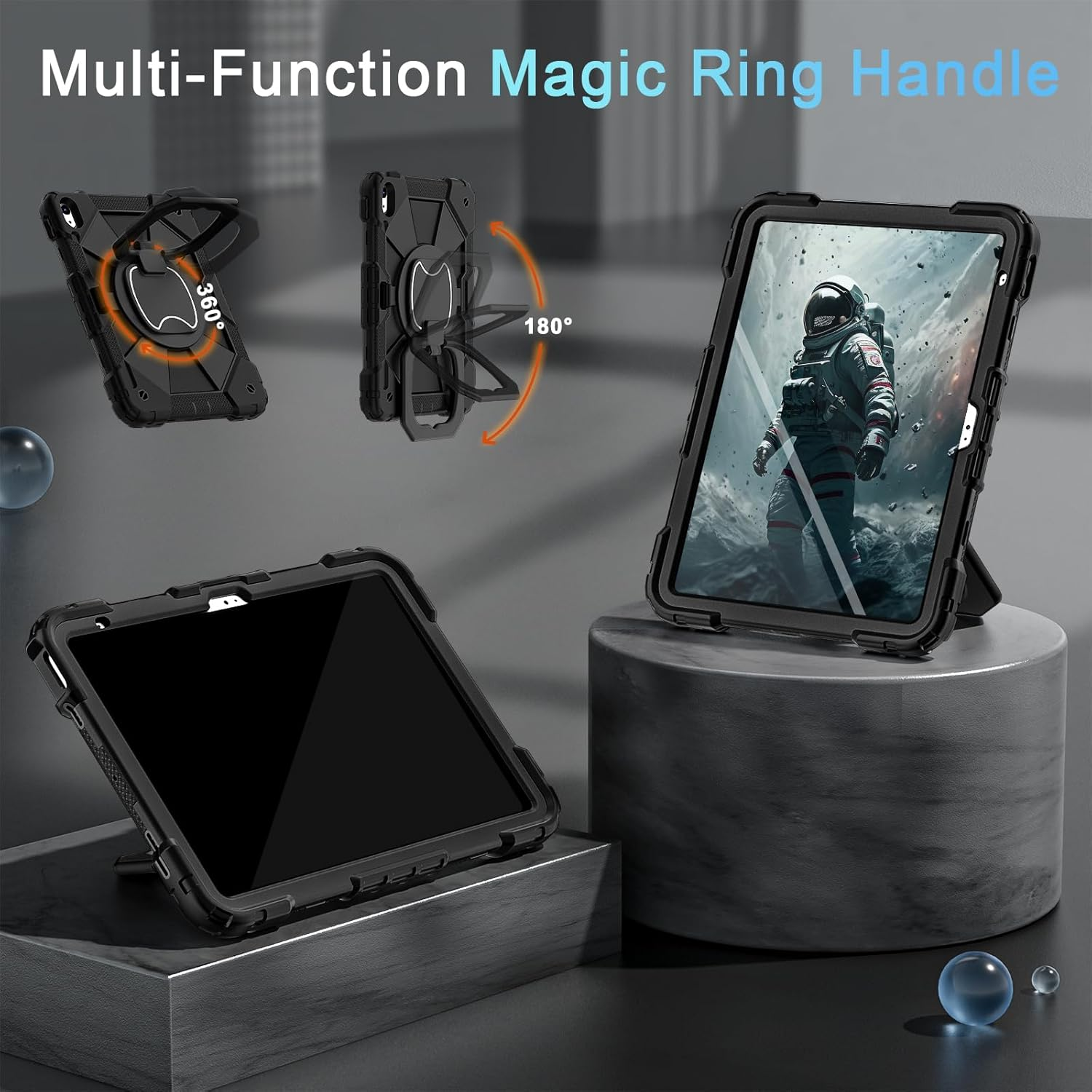 Schwarze Tablet-Hülle mit 360°-Ringhalterung, die um 180° verstellbar ist.