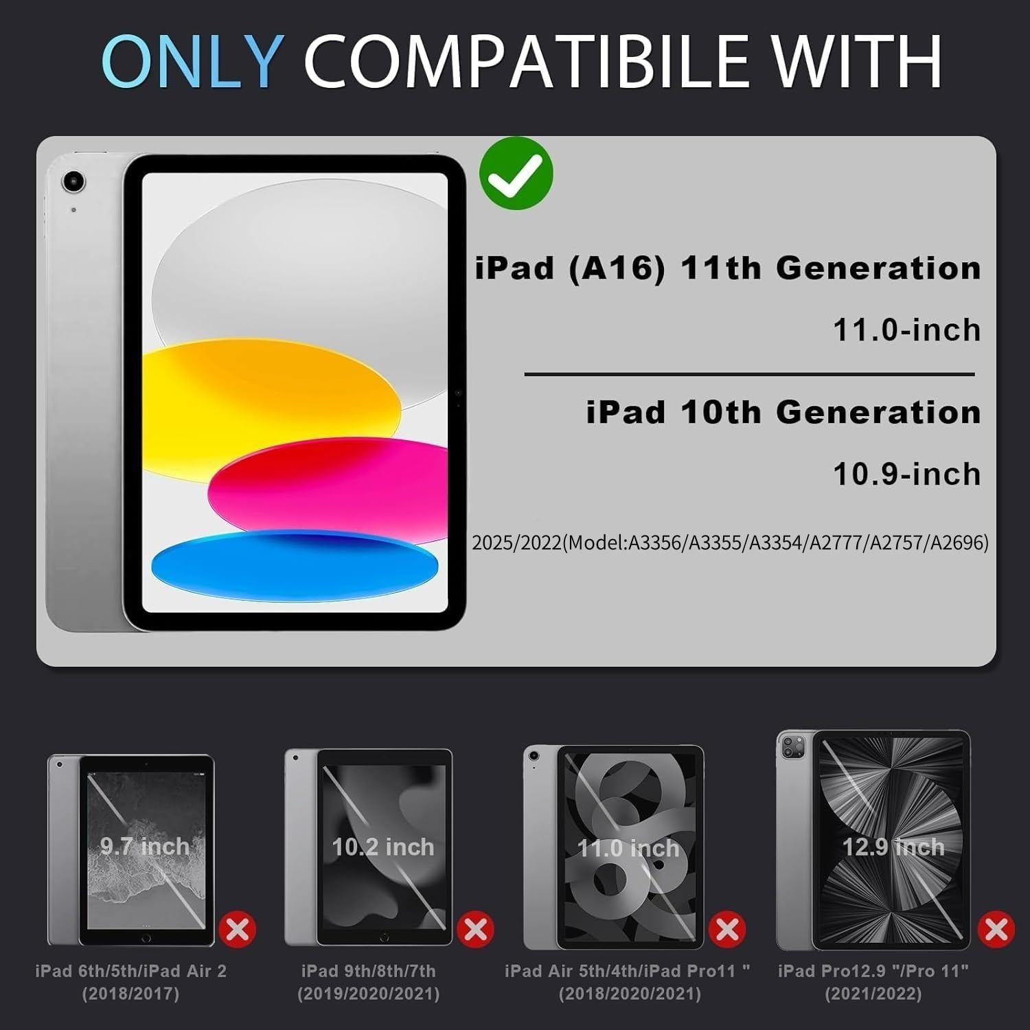 Kompatibilitätsübersicht für iPads: 11.0" und 10.9" geeignet, andere Modelle nicht.