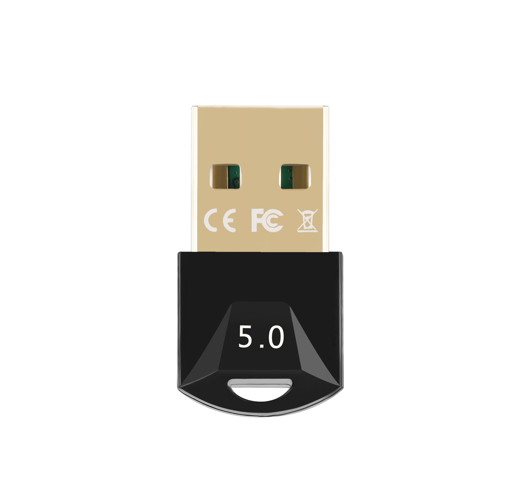 Ein goldener USB-Adapter mit schwarzem Gehäuse und der Aufschrift "5.0".