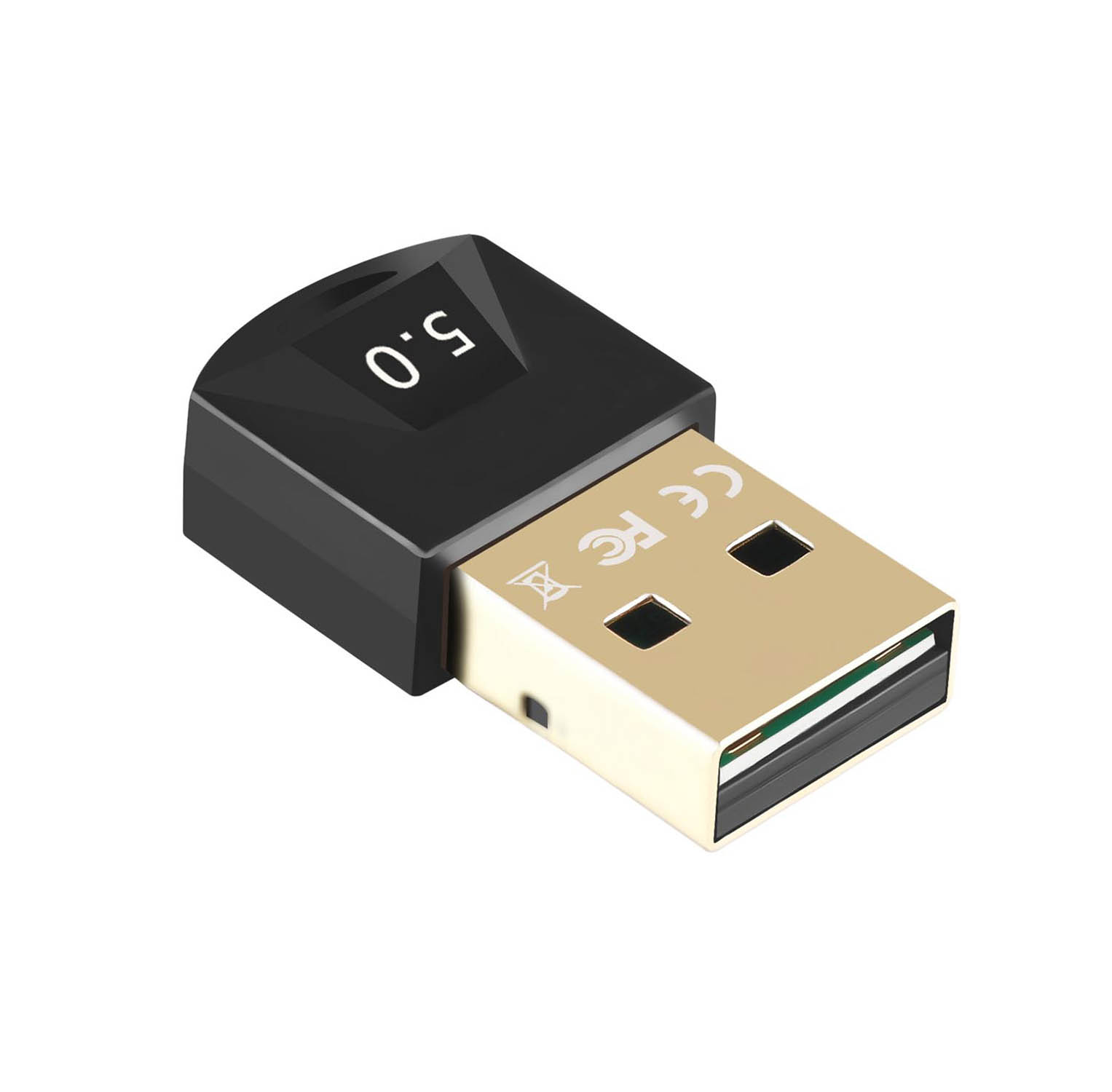 Schwarzer USB Bluetooth 5.0 Adapter mit goldenem Stecker und CE FC Zeichen.