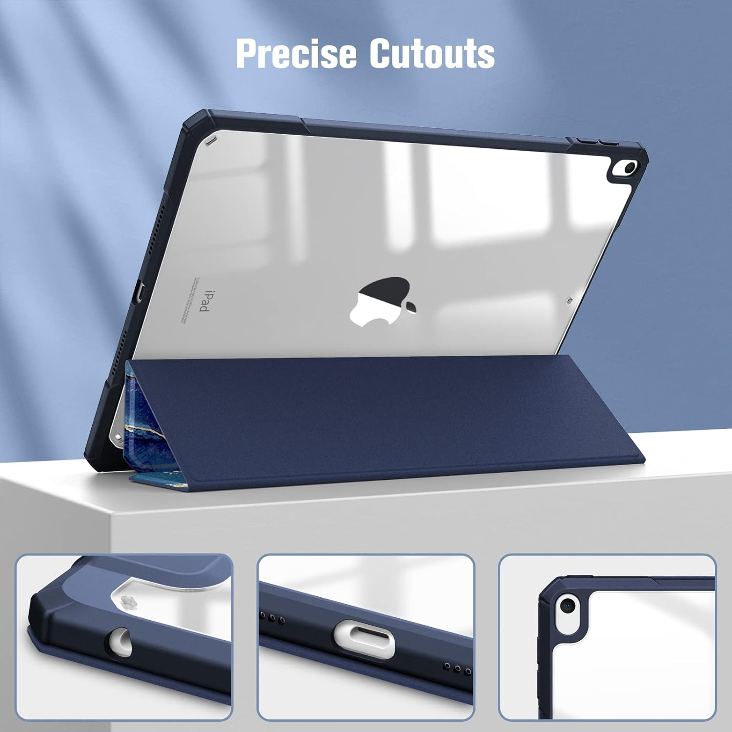 Ein iPad mit einer blauen Hülle steht aufrecht. Präzise Ausschnitte werden gezeigt.