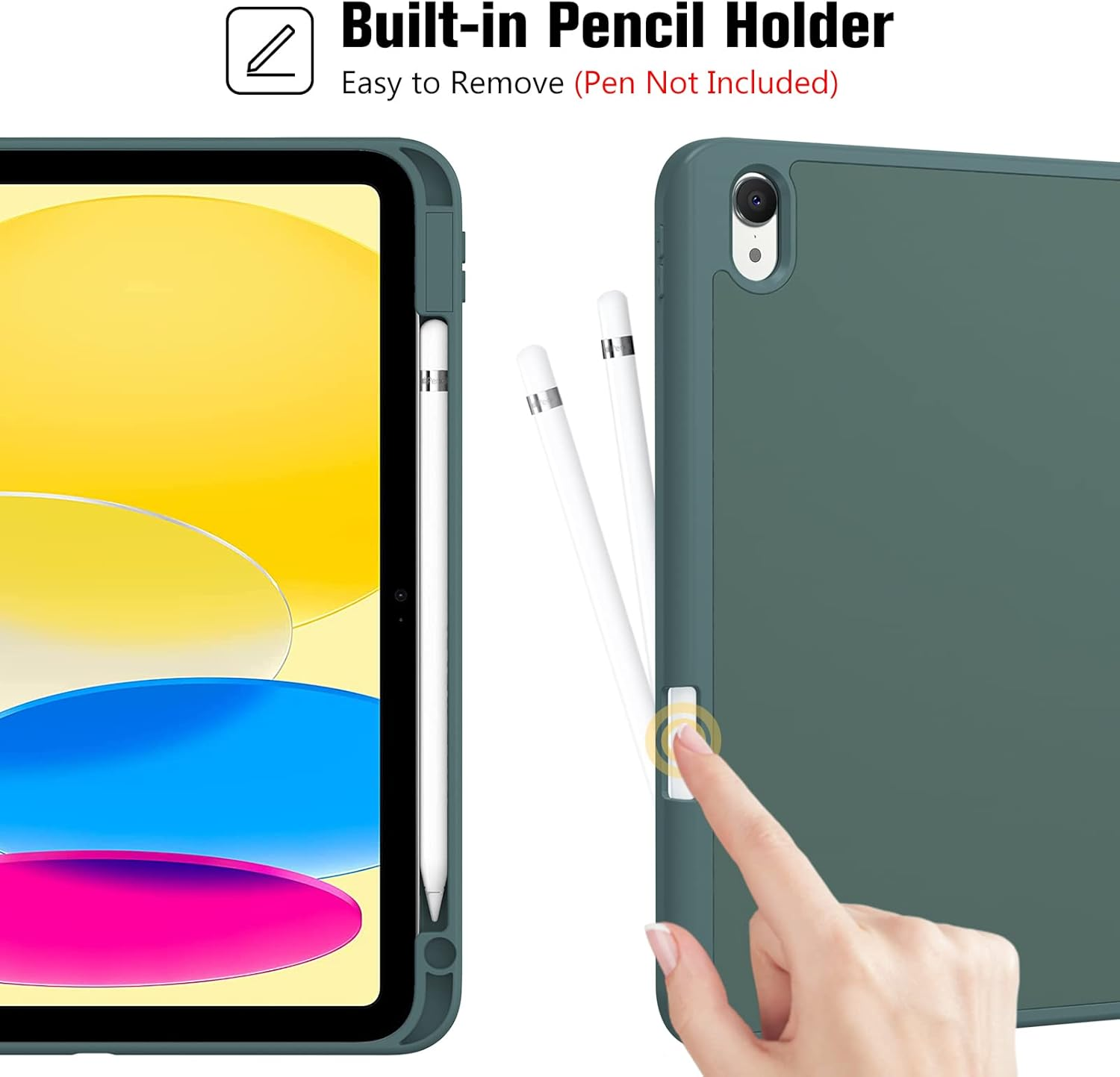 Eine dunkelgrüne Tablet-Hülle mit integriertem Stifthalter. Ein Finger drückt einen Knopf, um den Stift freizugeben.