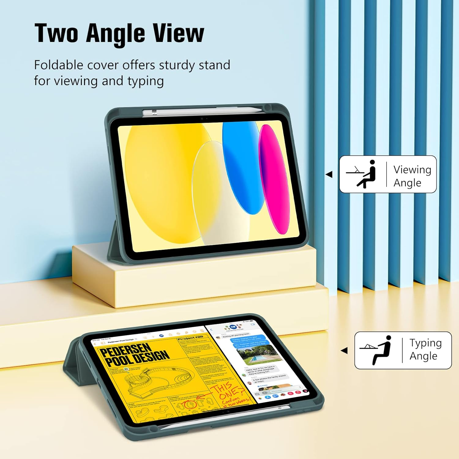 Zwei Winkel einer Tablet-Hülle, die Ansichts- und Tippmodi zeigen.
