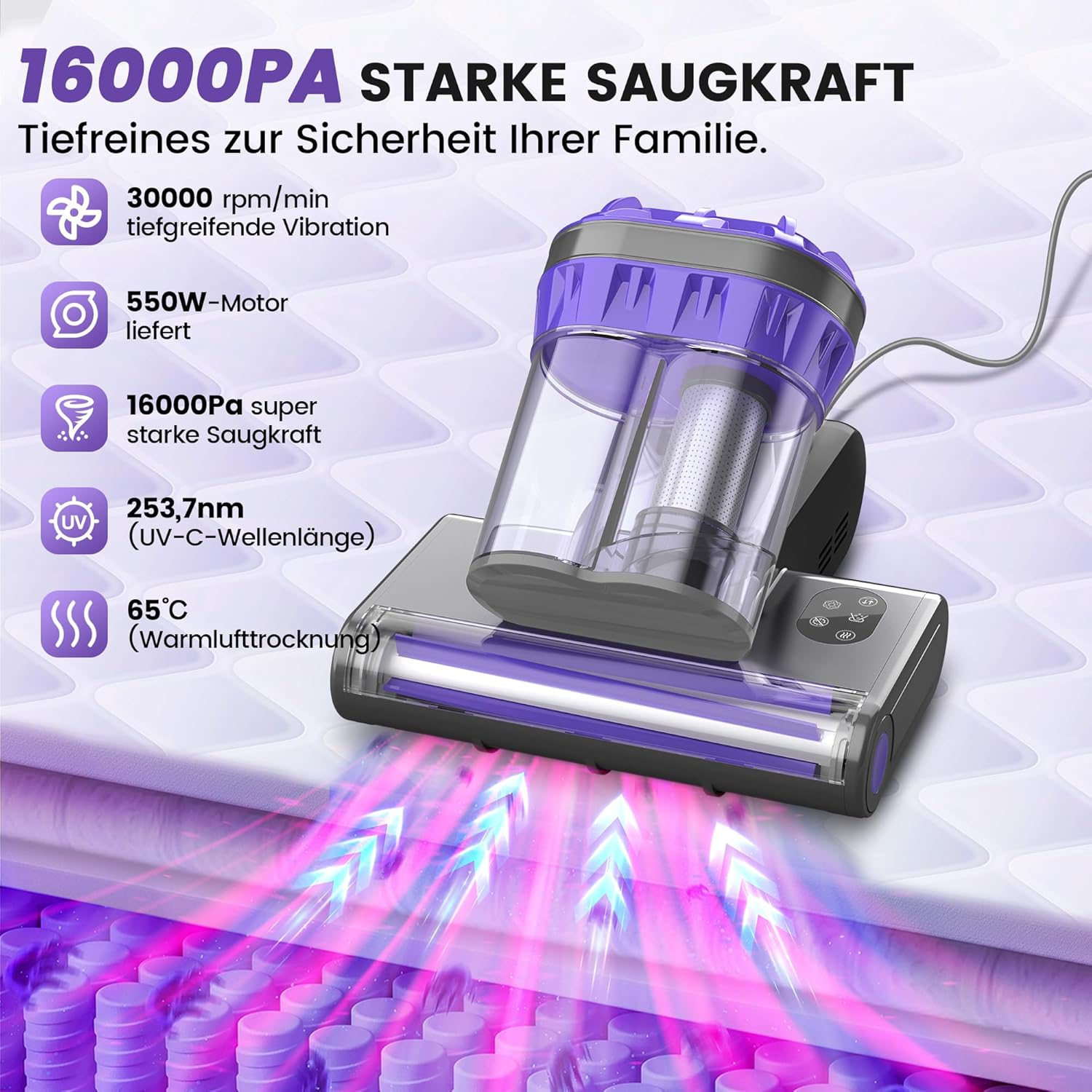 Ein violetter und grauer Staubsauger mit UV-Licht und Luftstrom.