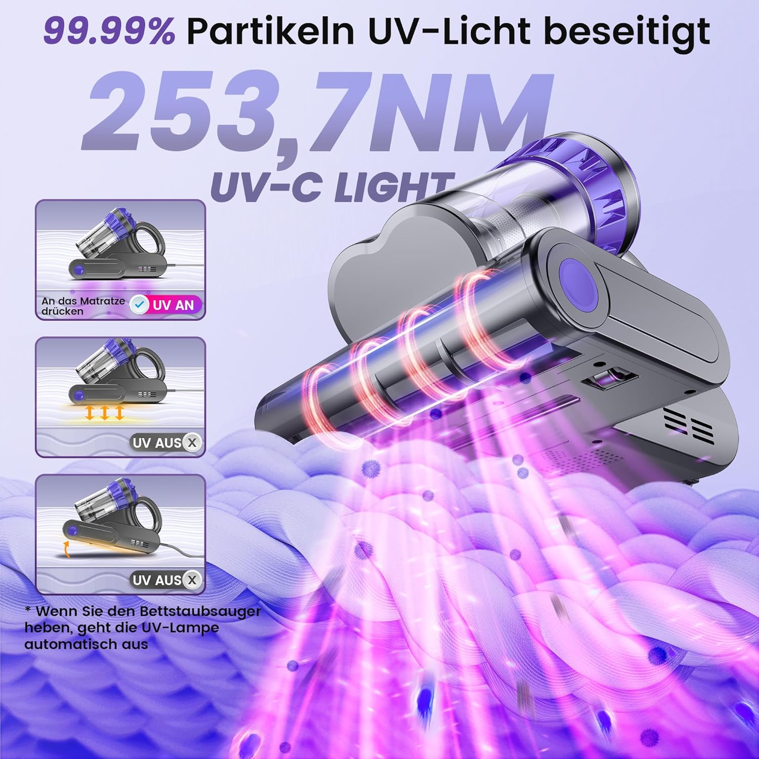 Staubsauger mit UV-C-Licht zur Partikelbeseitigung. 253,7NM.
