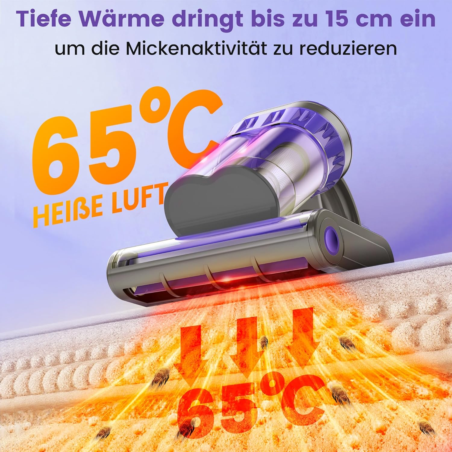 Heißluft-Staubsauger mit 65°C Heißluft tötet Milben ab. 15cm Eindringtiefe.