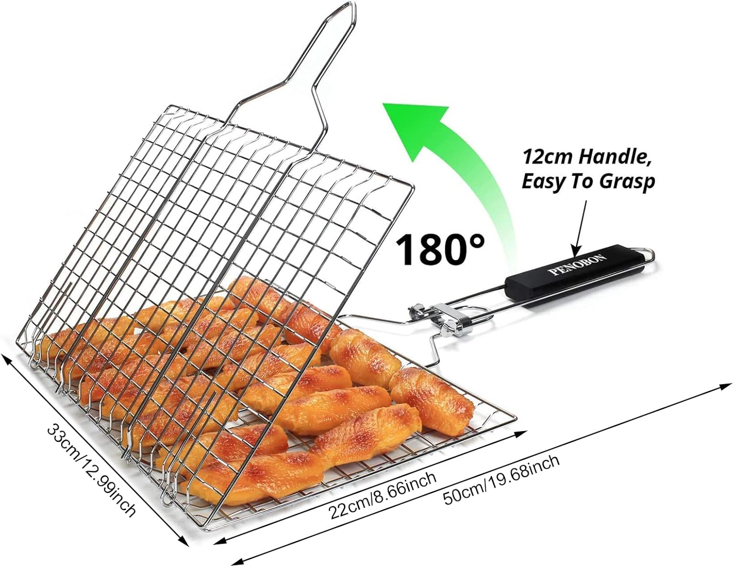 Grillkorb mit 180° drehbarem Griff, gefüllt mit gegrilltem Essen.