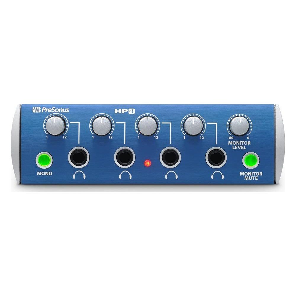 Düğmeli ve kulaklık jaklı mavi bir PreSonus HP4 cihazı.