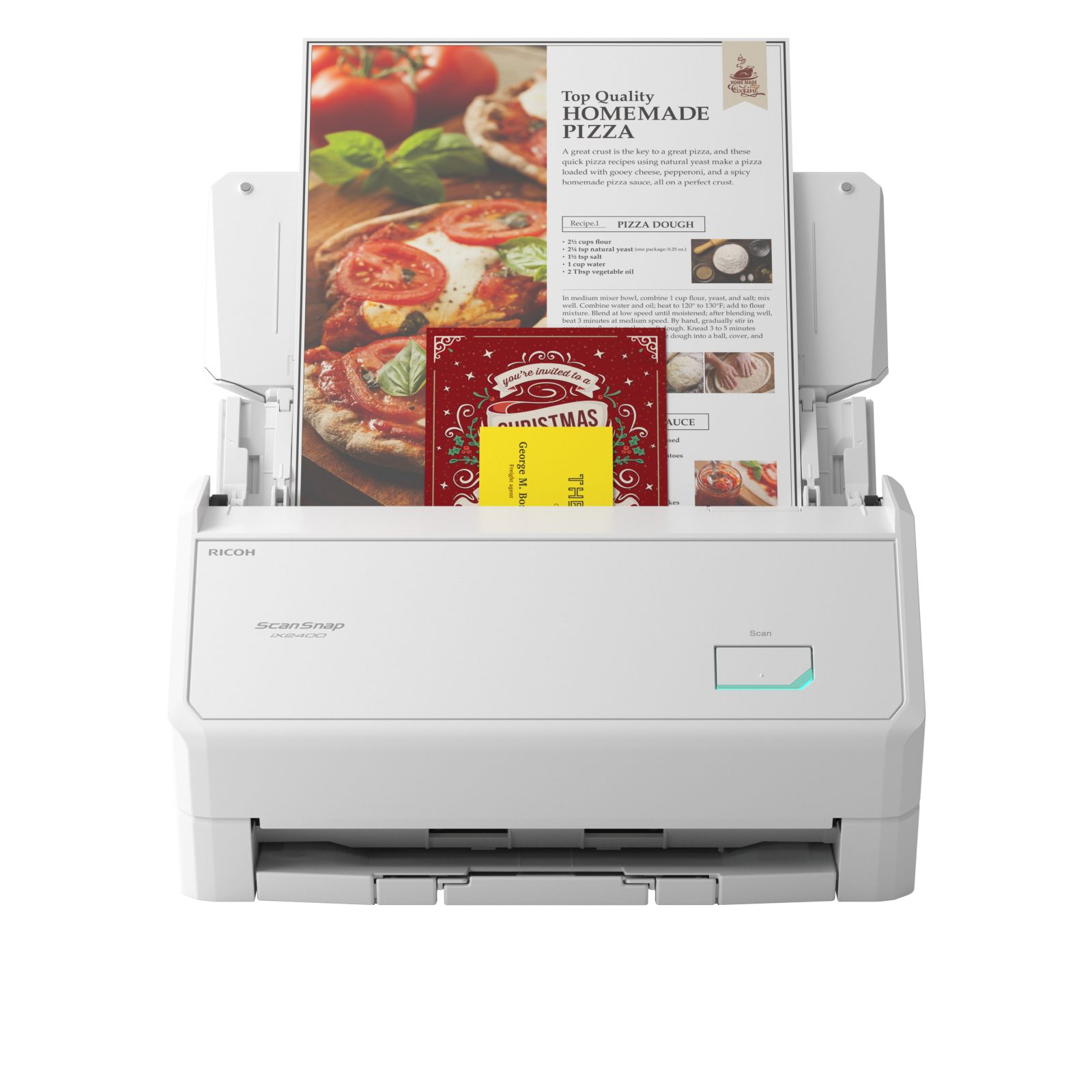 Uno scanner bianco con coperchio aperto, che mostra una ricetta per la pizza e un invito natalizio.