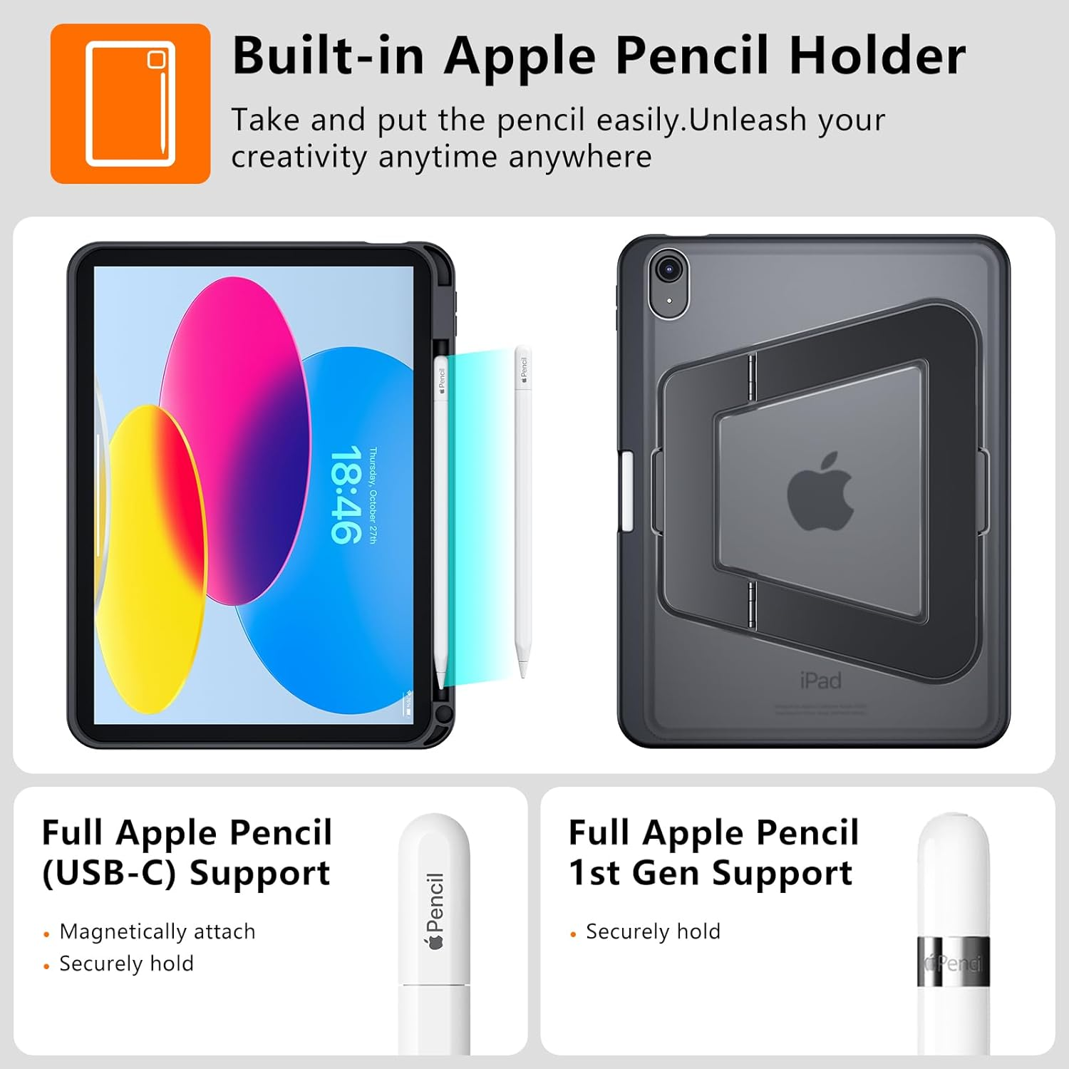 iPad mit buntem Bildschirm, Apple Pencil Halter und Pencil 1. Gen/USB-C Unterstützung.