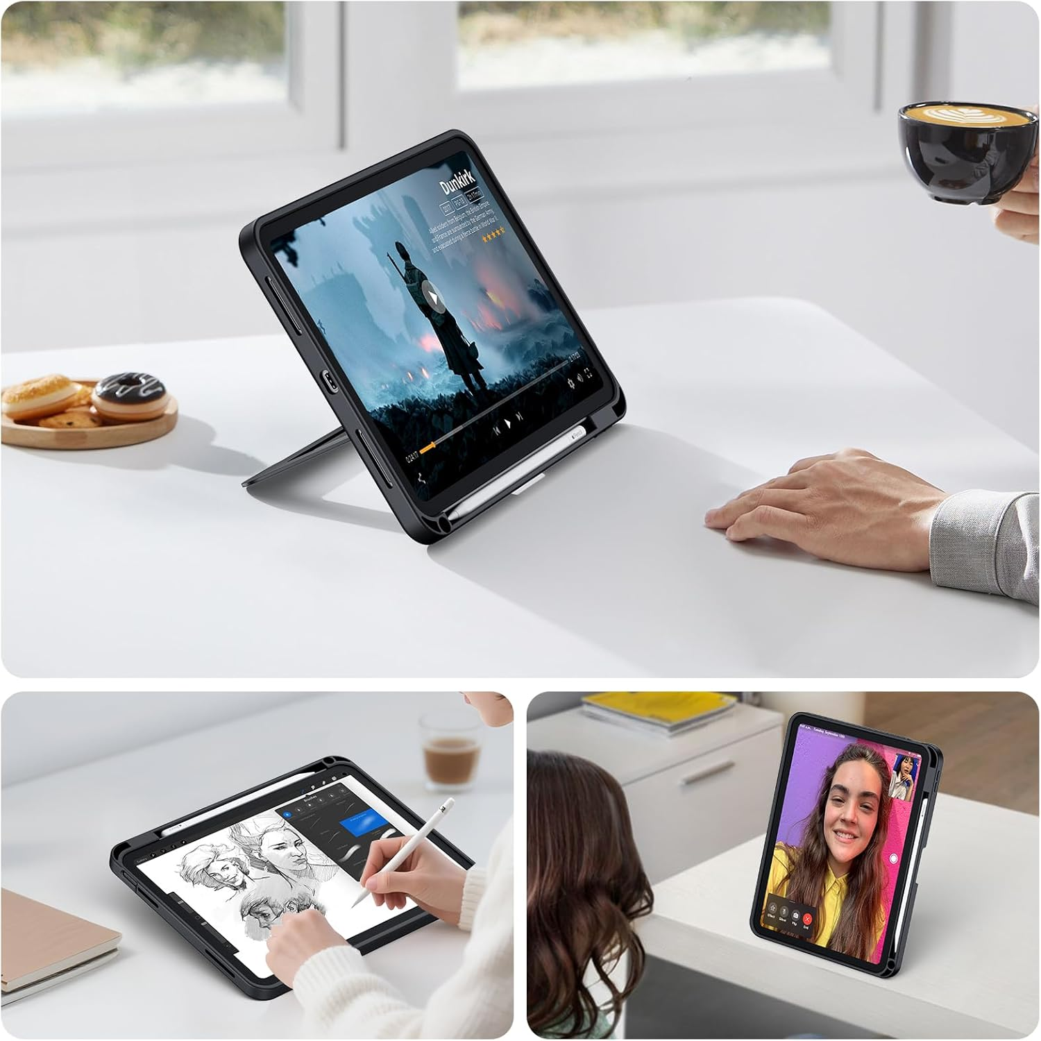 Ein Tablet zeigt einen Film, daneben liegen Donuts und eine Tasse Kaffee.