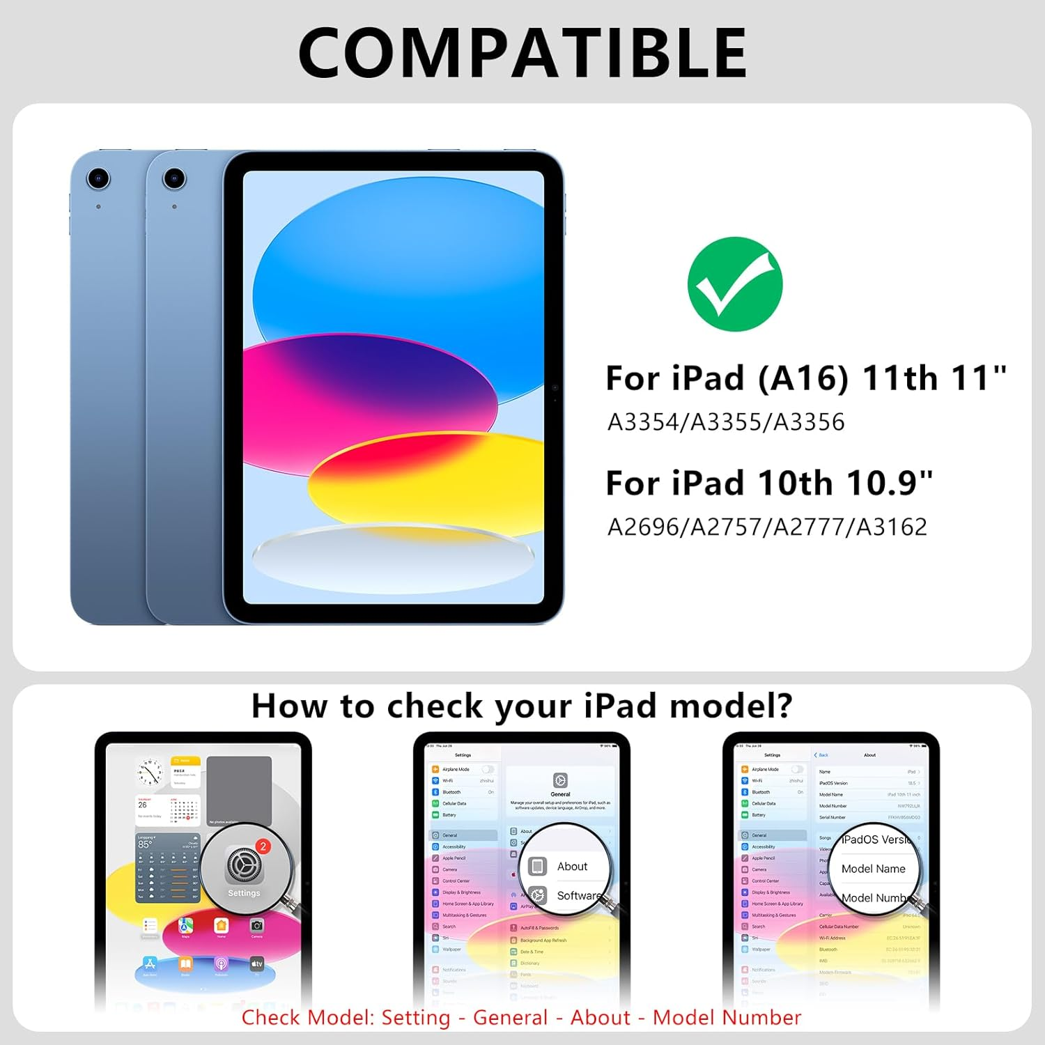 Blauer iPad mit buntem Bildschirm, Anleitungen zur Modellprüfung.