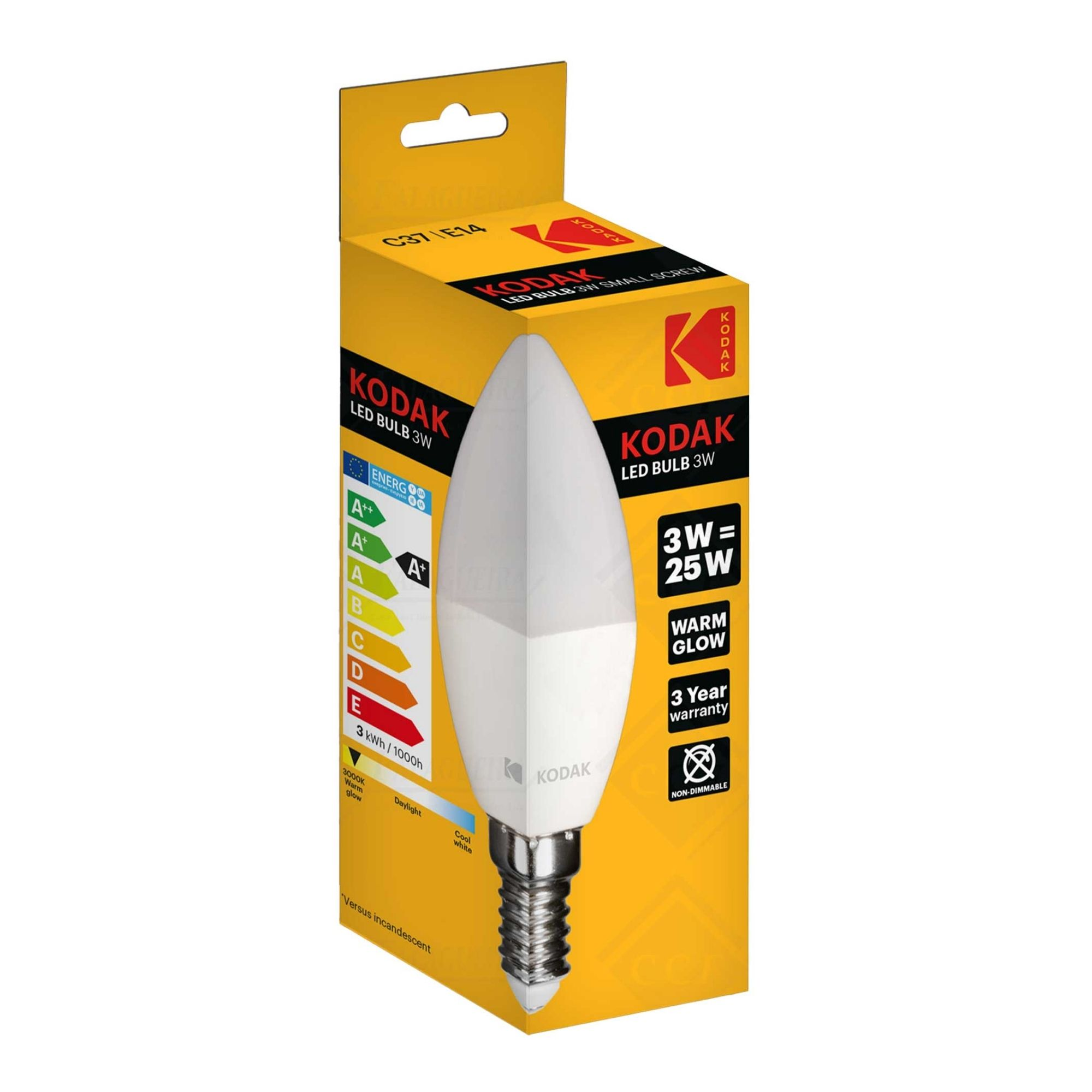Enerji verimliliği etiketli beyaz KODAK LED ampul paketi, 3W.