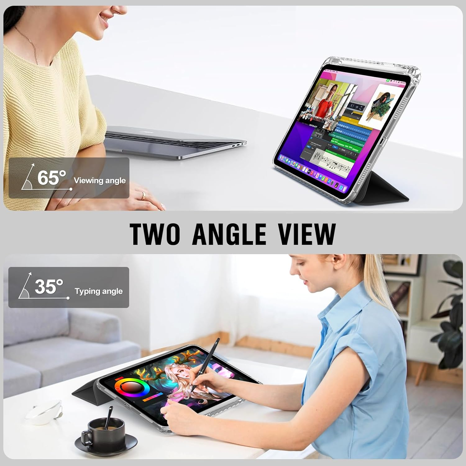 Zwei Ansichten eines Tablets: 65° Blickwinkel und 35° Tippwinkel.