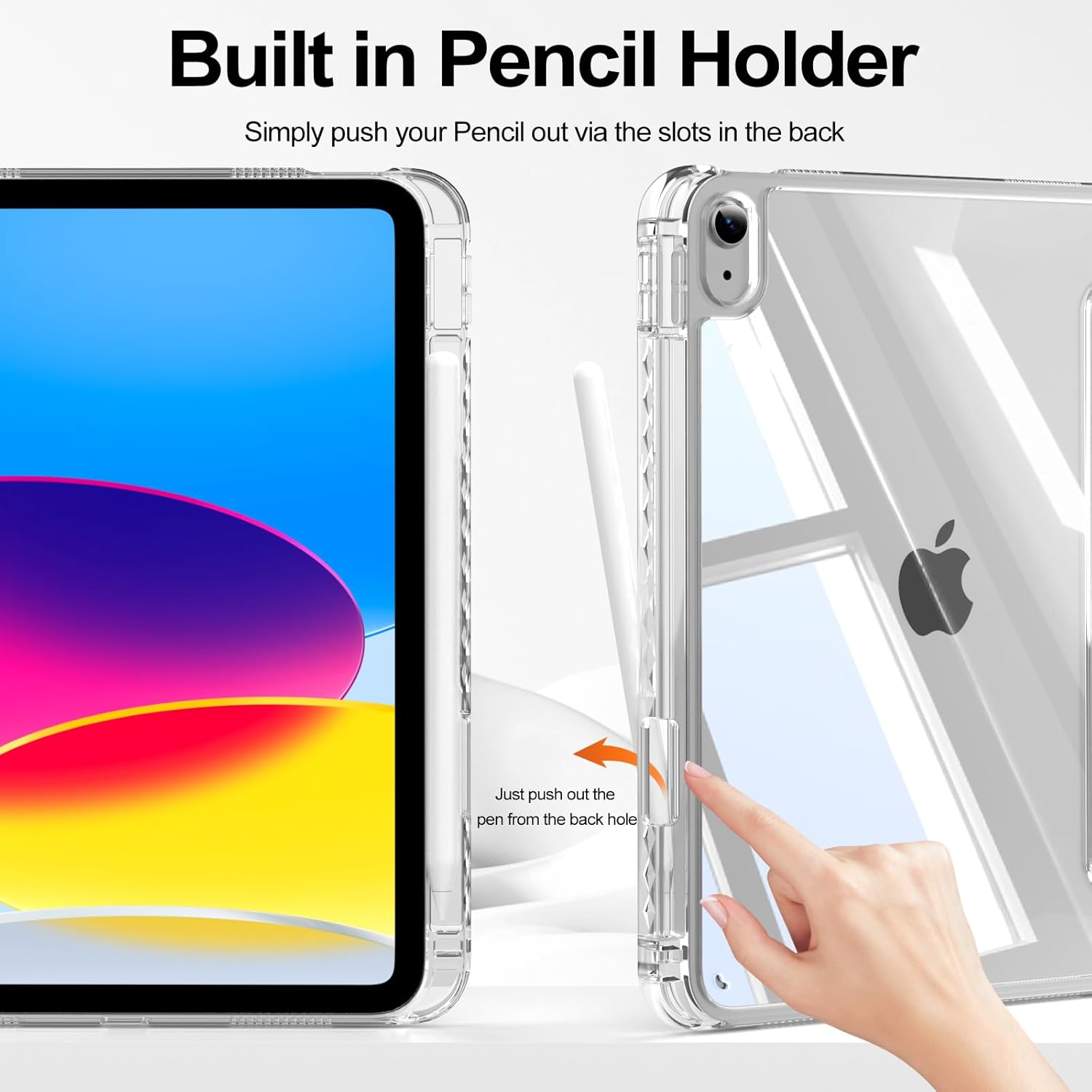 Transparente Hülle mit Stifthalter. Hand drückt Stift aus Schlitzen.