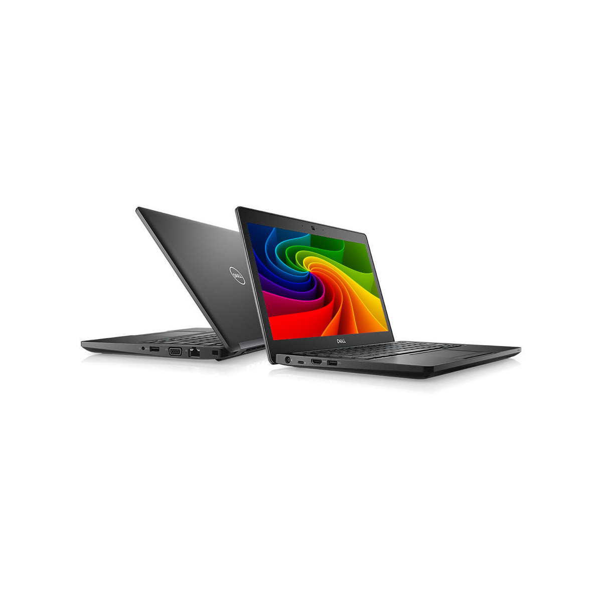 Zwei schwarze Dell Laptops, einer geöffnet mit Regenbogenhintergrund.