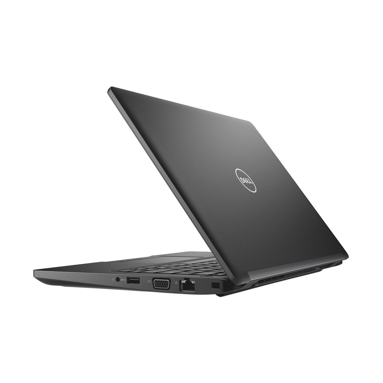 Ein geschlossener schwarzer Dell Laptop mit sichtbaren Anschlüssen auf der linken Seite.