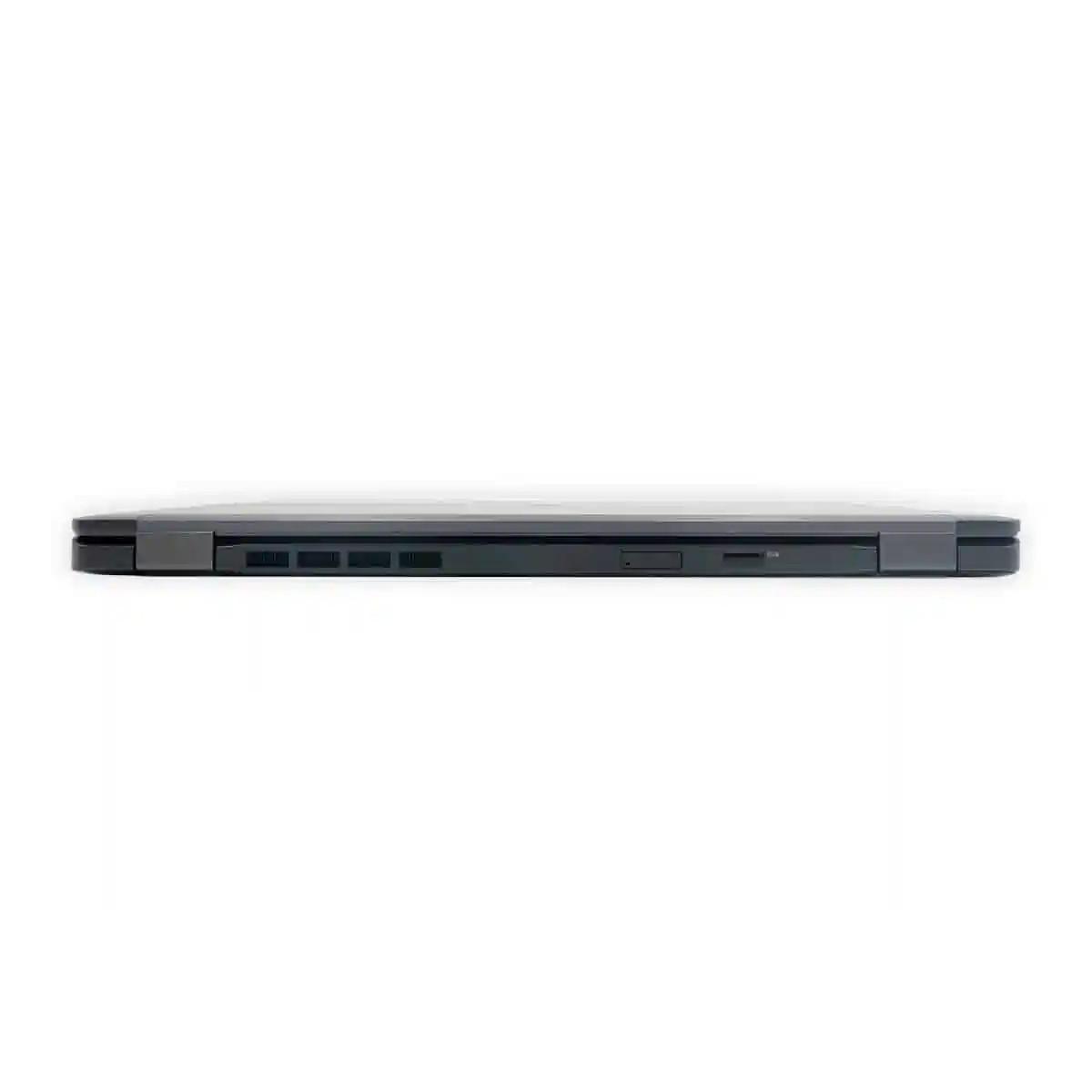 Geschlossener Laptop mit Anschlüssen an der Seite auf weißem Hintergrund.