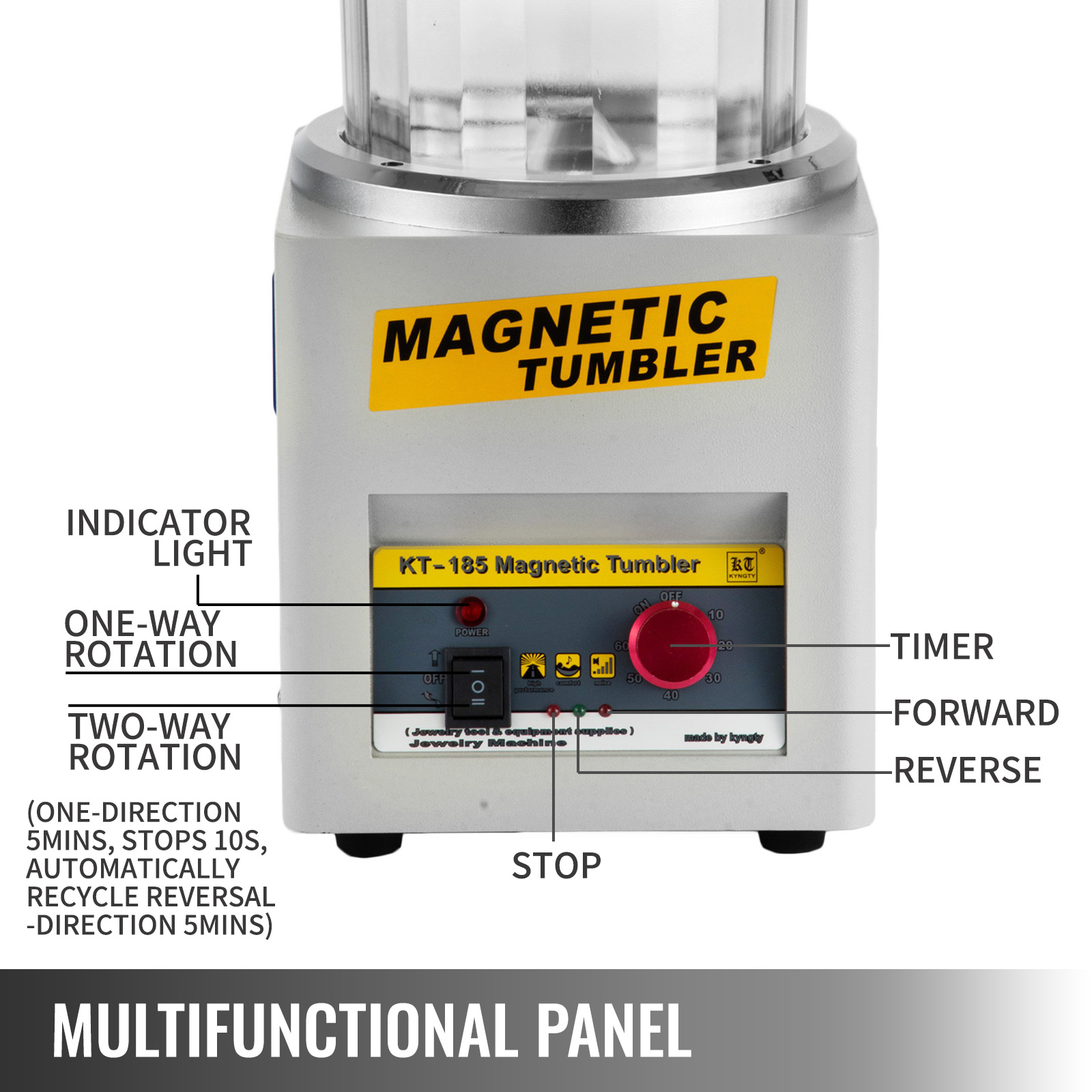 Ein silberner Magnettumbler mit klarer Oberseite und Bedienfeld für Timer, Strom und Drehzahl.