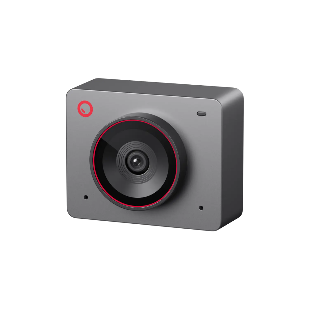 Graue Action-Kamera mit rotem Ring um die Linse und rotem Logo.