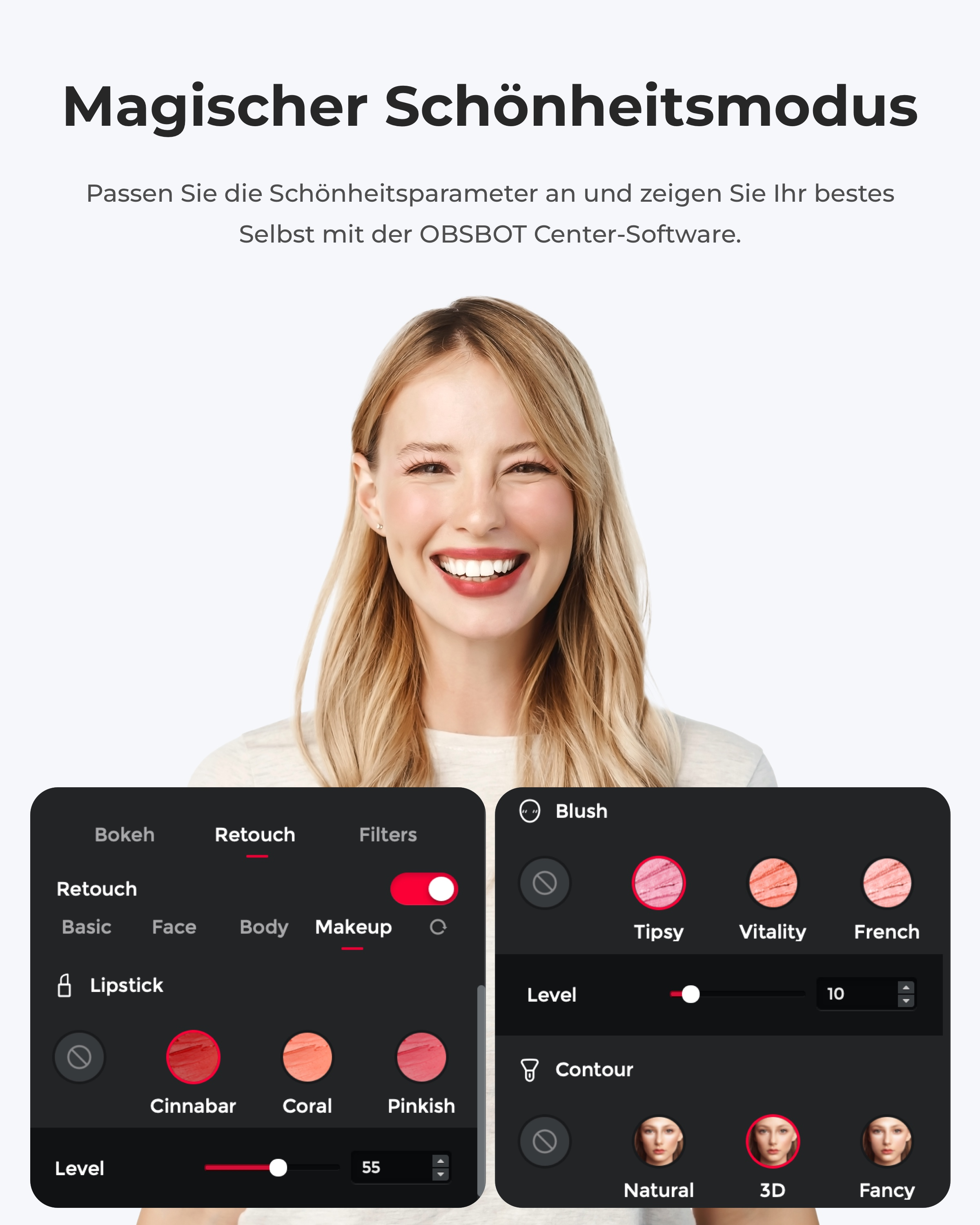 Eine Frau lächelt, daneben zwei Software-Menüs für Beauty-Filter.
