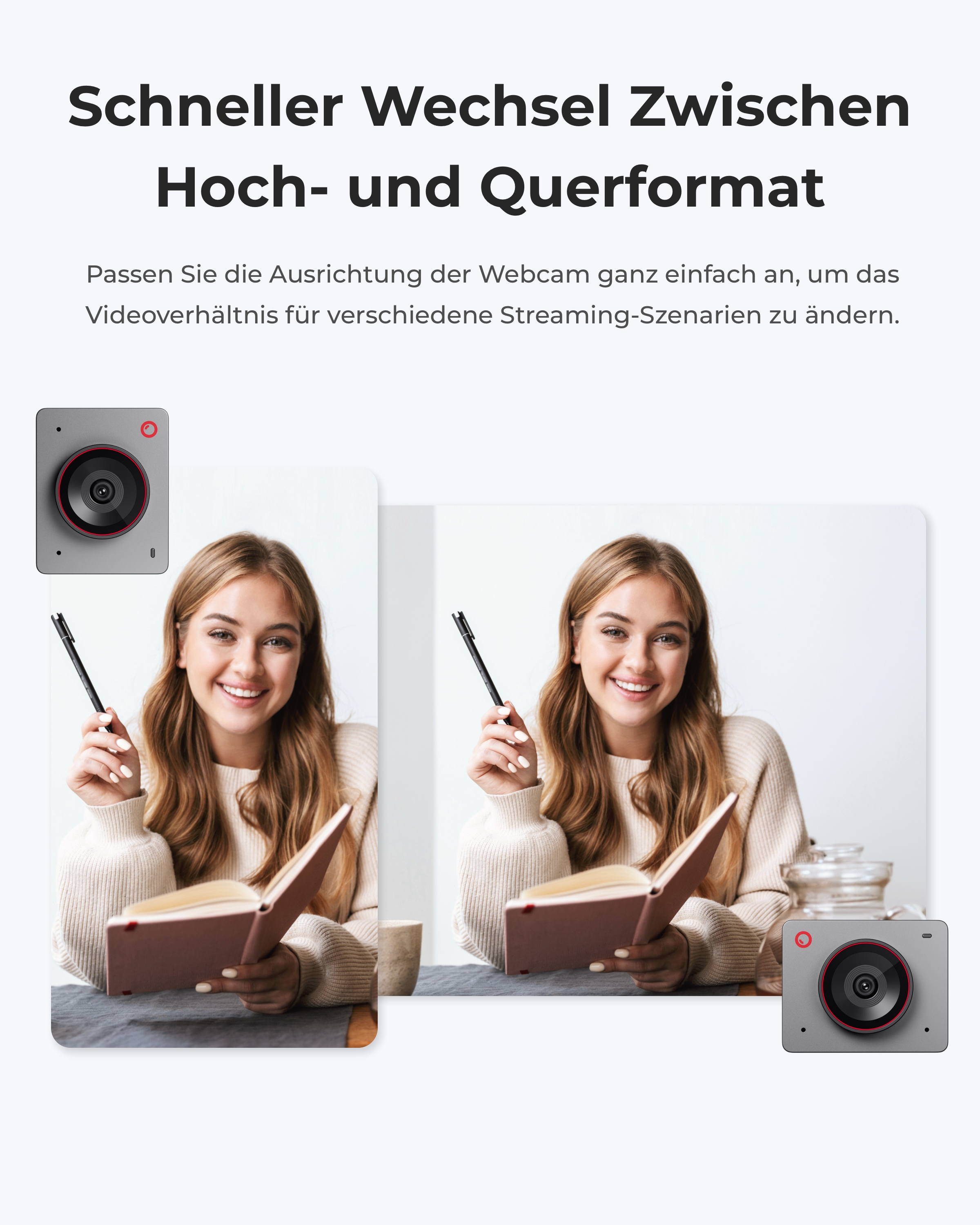 Frau mit Buch und Stift, daneben zwei Webcams.