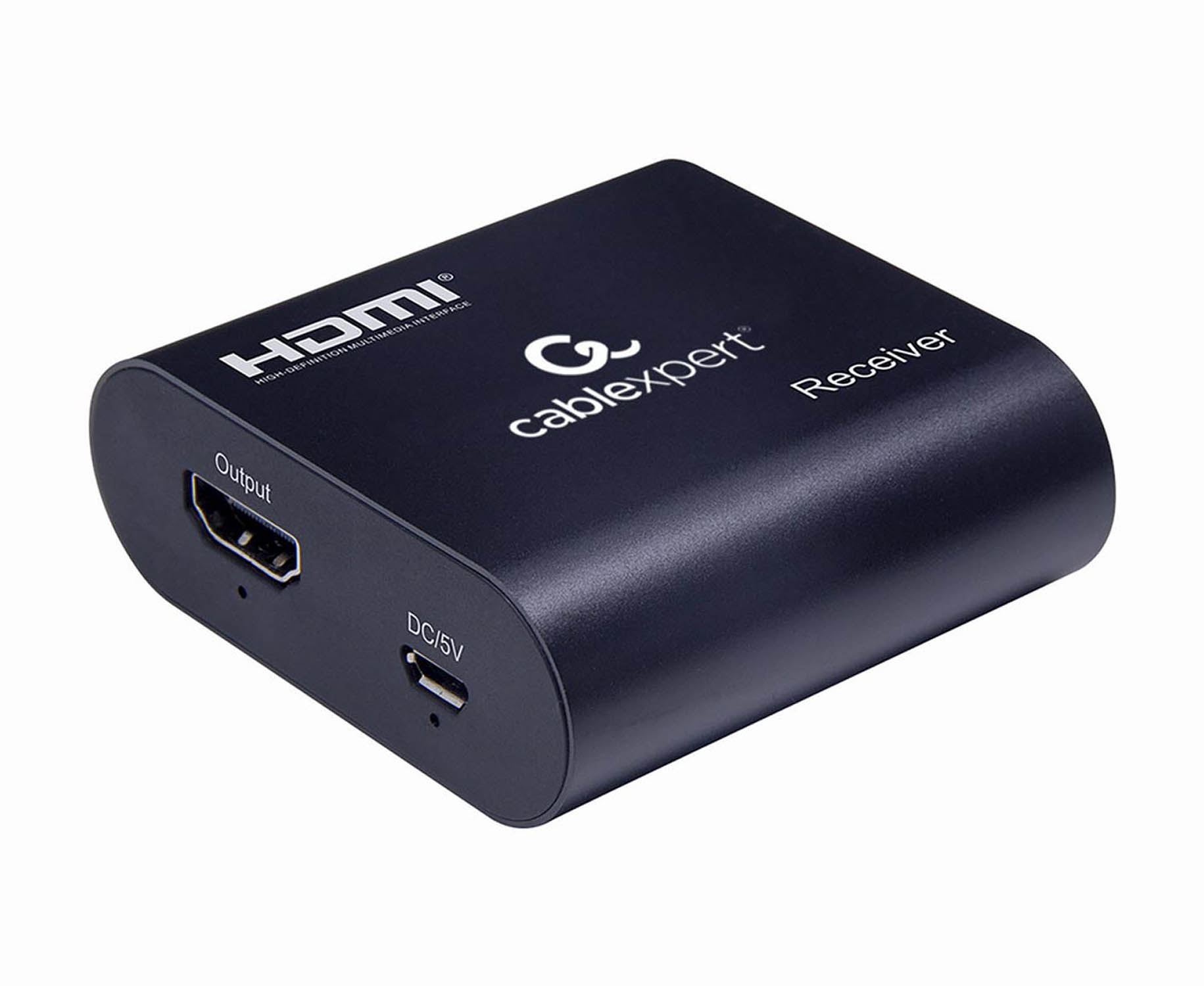 Black Cablexpert HDMI receiver with output and DC/5V ports.