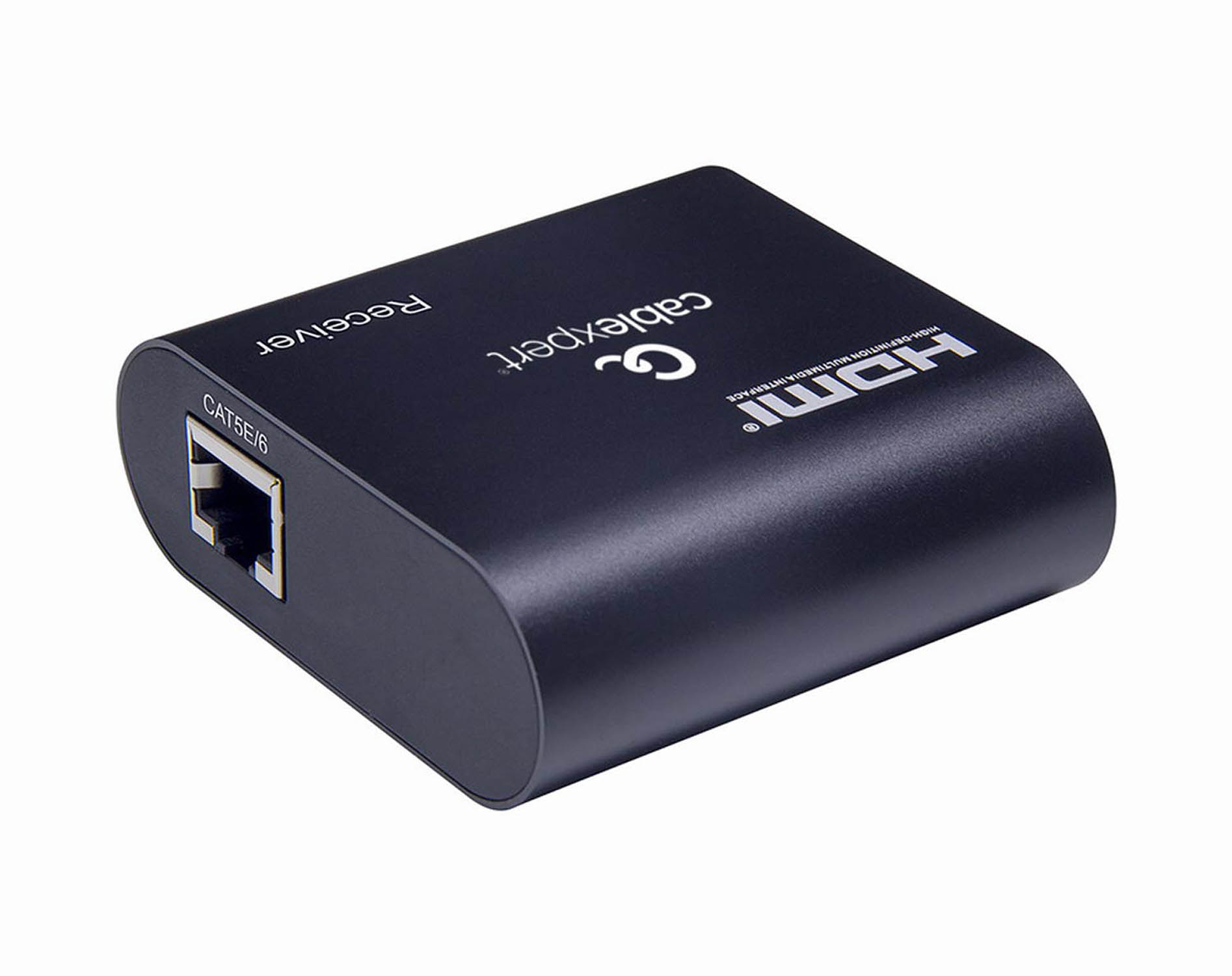 A black HDMI extender receiver with CAT5E/6 port and HDMI logo.