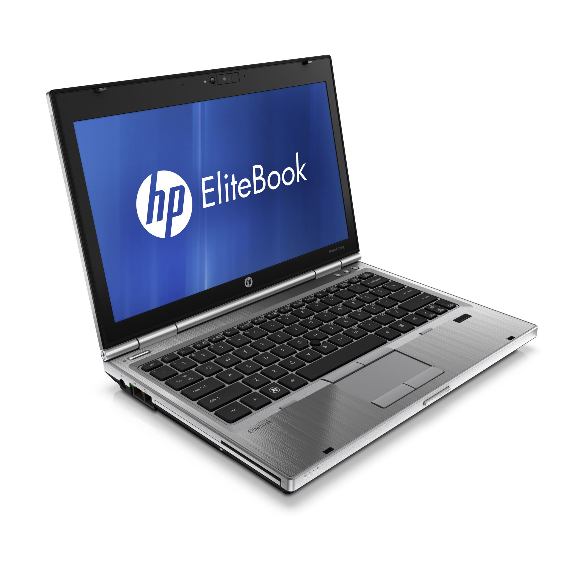 Ein offener silberner HP EliteBook Laptop mit Tastatur und Bildschirm.