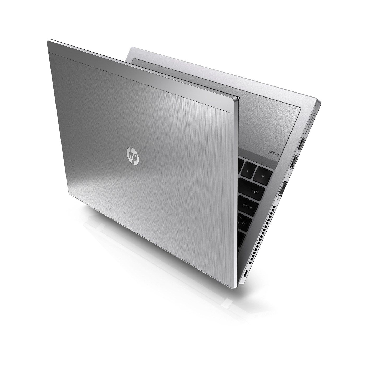 Ein silberner HP Probook Laptop mit offenem Deckel auf weißem Hintergrund.