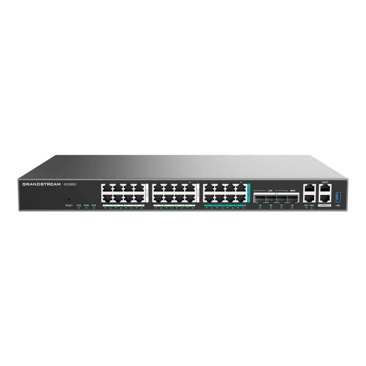 Switch di rete Grandstream GCC6021 con molte porte e LED frontali.