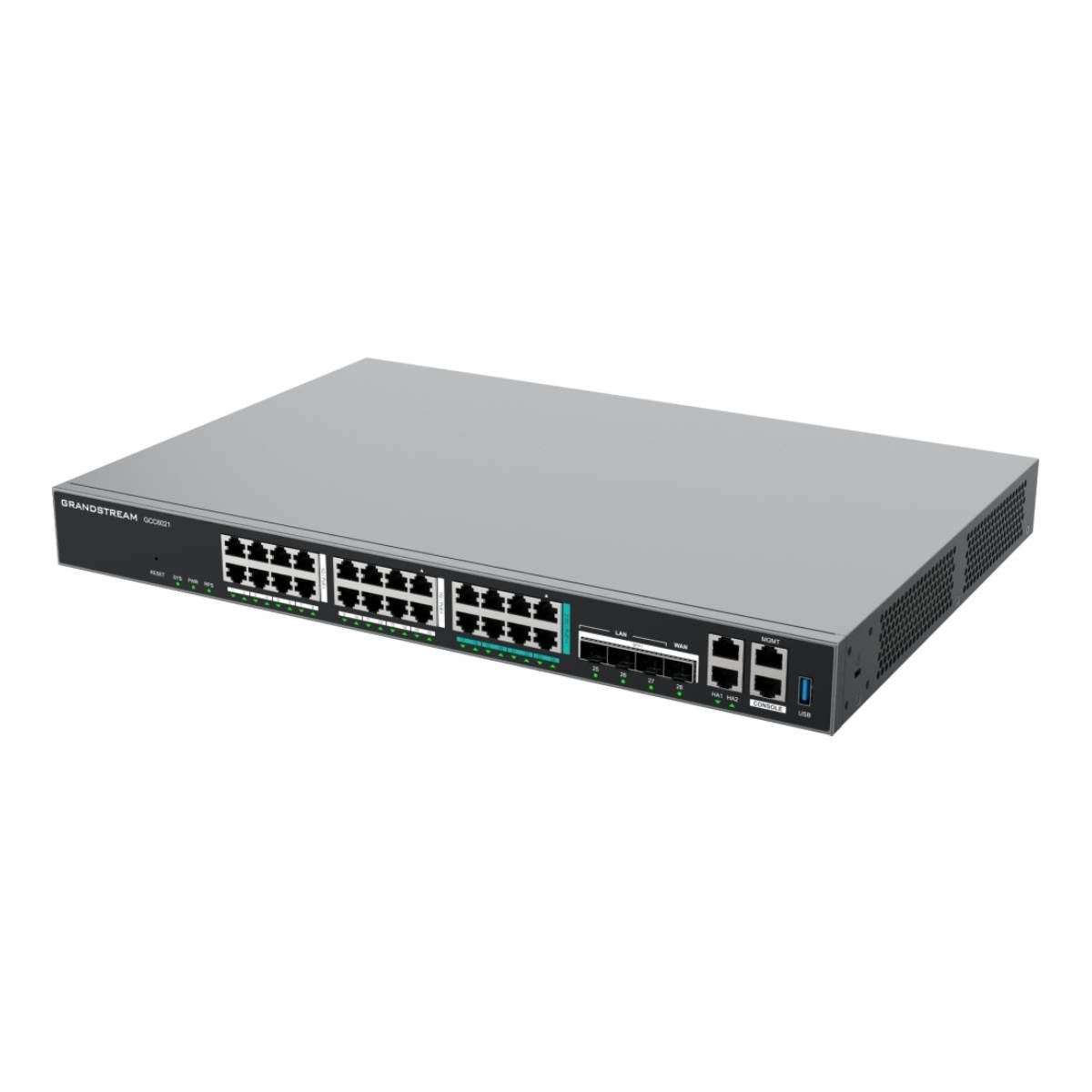 Uno switch di rete Grandstream GGC021 grigio con molte porte.