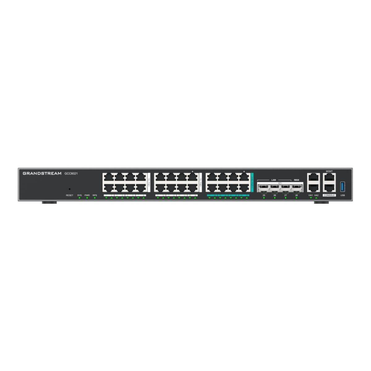 Uno switch di rete Grandstream GCC8021 con più porte, connessioni LAN, WAN e di gestione.