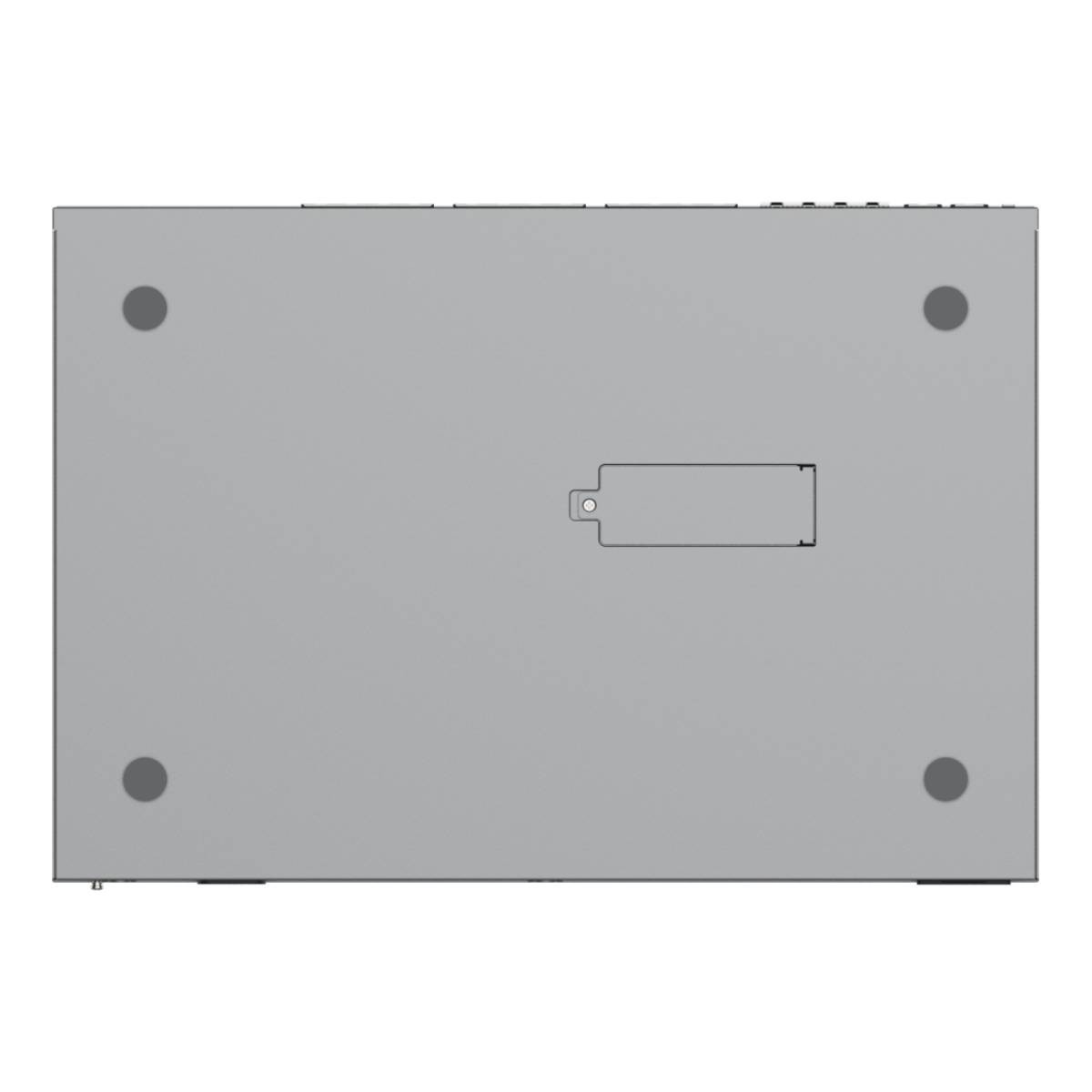 Parte inferiore di un laptop grigio con quattro piedini circolari scuri e un pannello rettangolare.