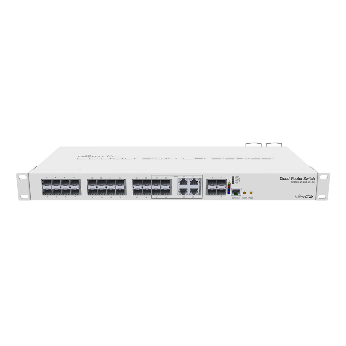 Un dispositivo bianco Cloud Router Switch con numerose porte Ethernet e LED di stato.