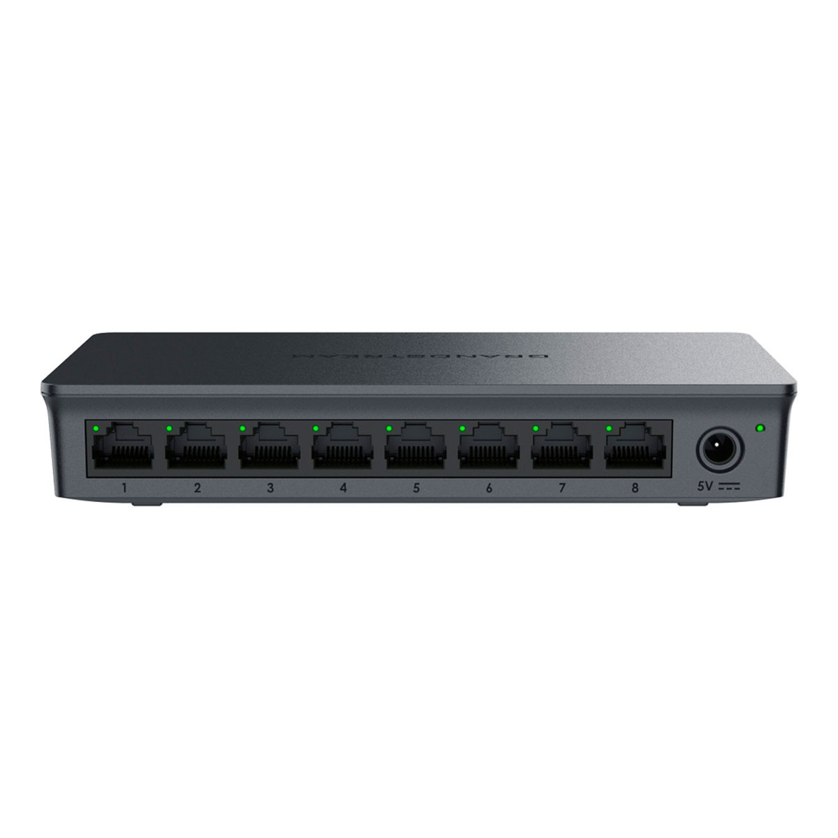 Uno switch di rete nero a 8 porte con luci indicatori verdi e una porta di alimentazione 5V.