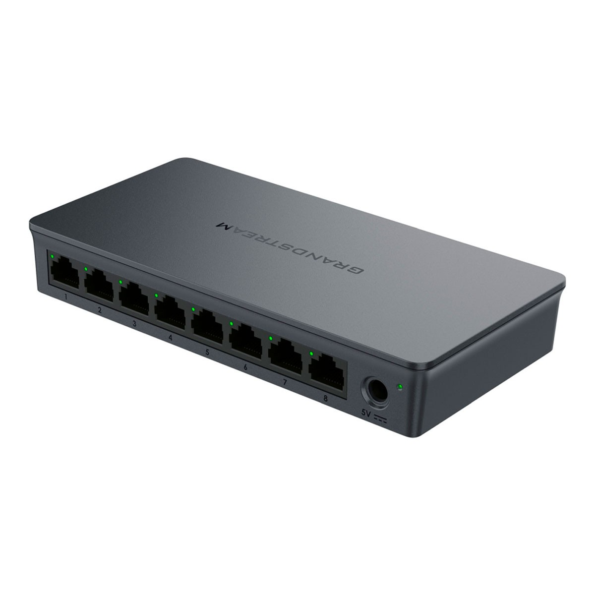 Switch di rete grigio Grandstream a 8 porte con luci verdi su ogni porta.